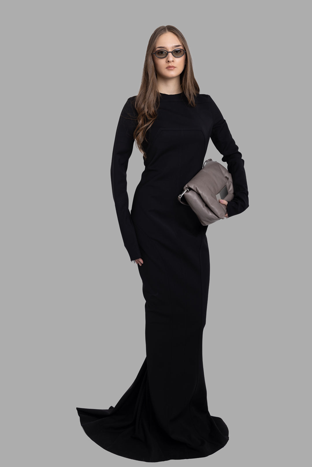 Rick Owens women black gown, on-model full length, long sleeves and floor-sweeping train