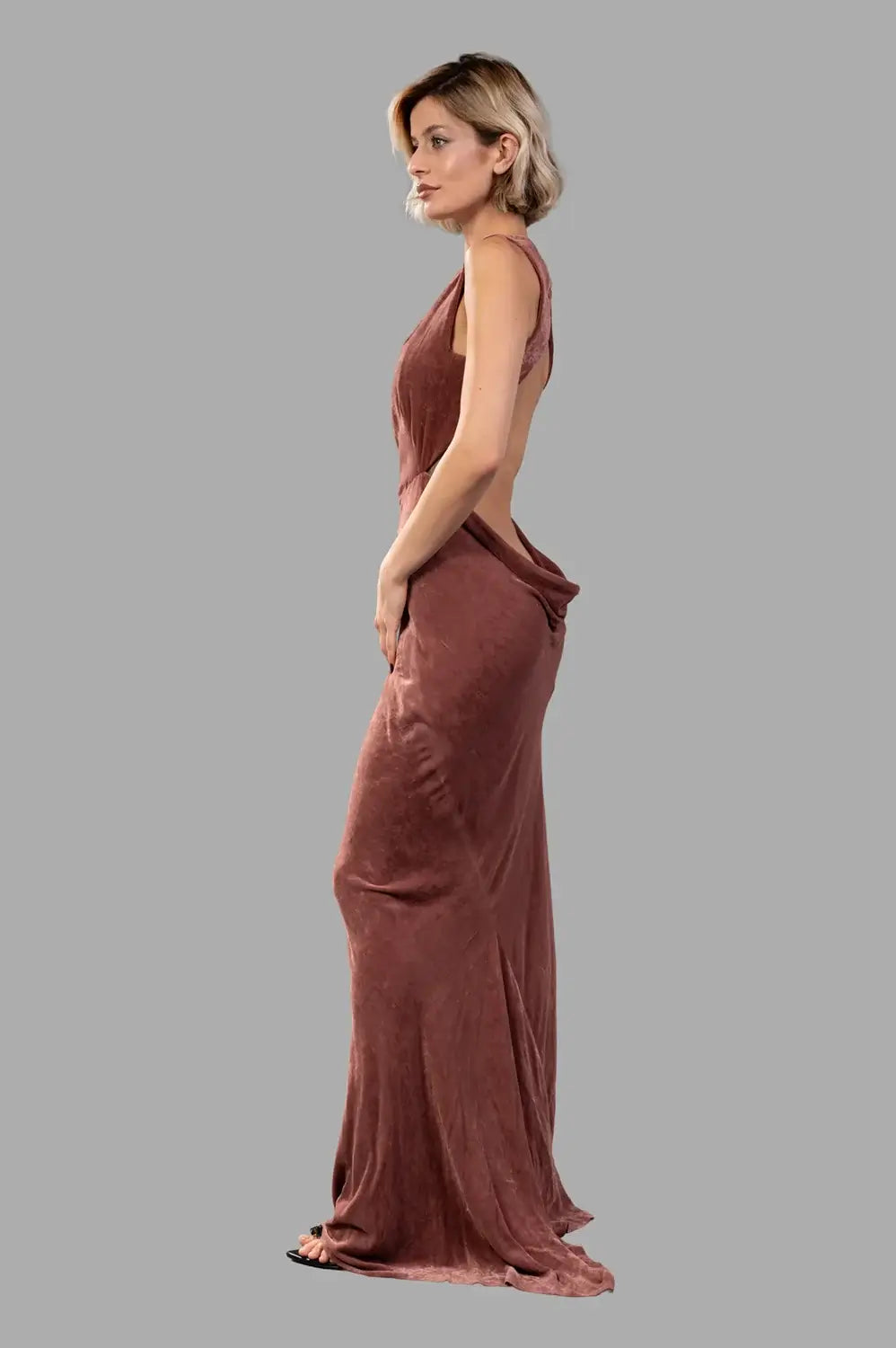 Rick Owens gown in rosewood, on-model full length, side profile with draped train and open back