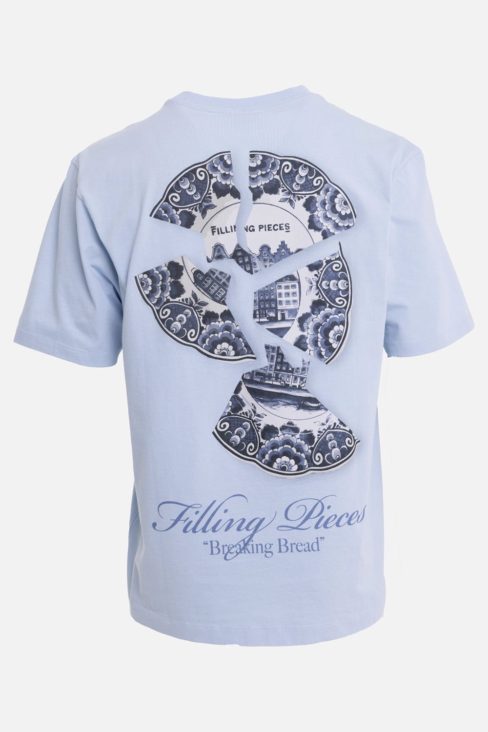 Filling Pieces unisex T-shirt in skyway, back view with oversized Delft-style Broken Plate print and script logo