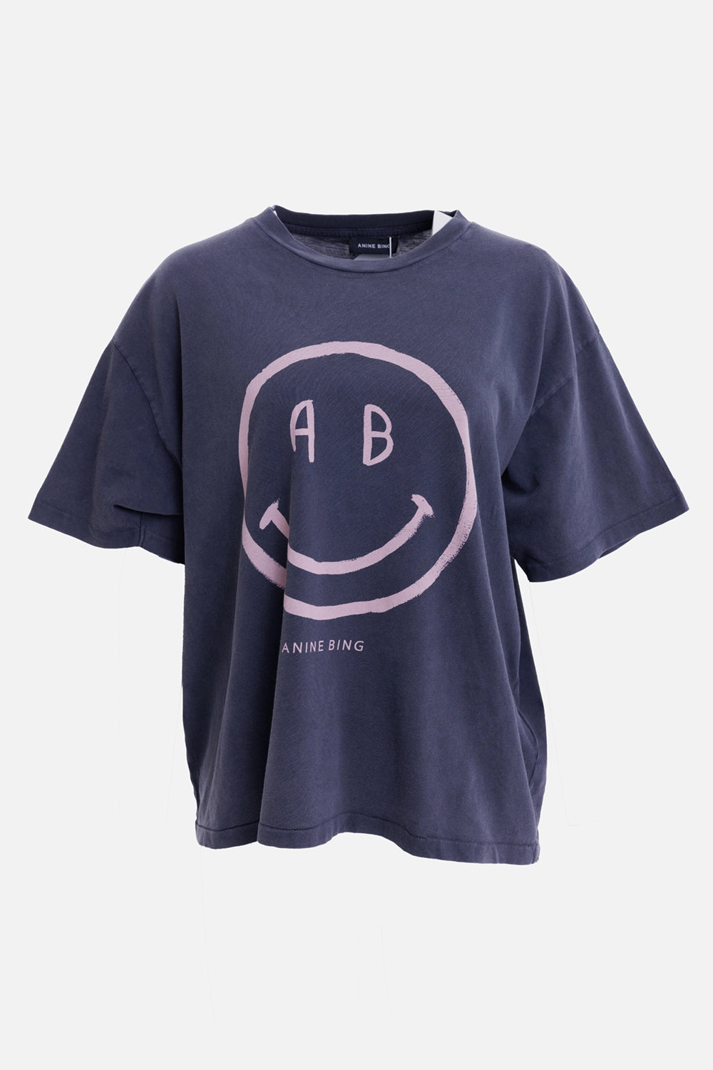 Anine Bing women's T-shirt in washed grey, front view with boxy fit and pink smiley print