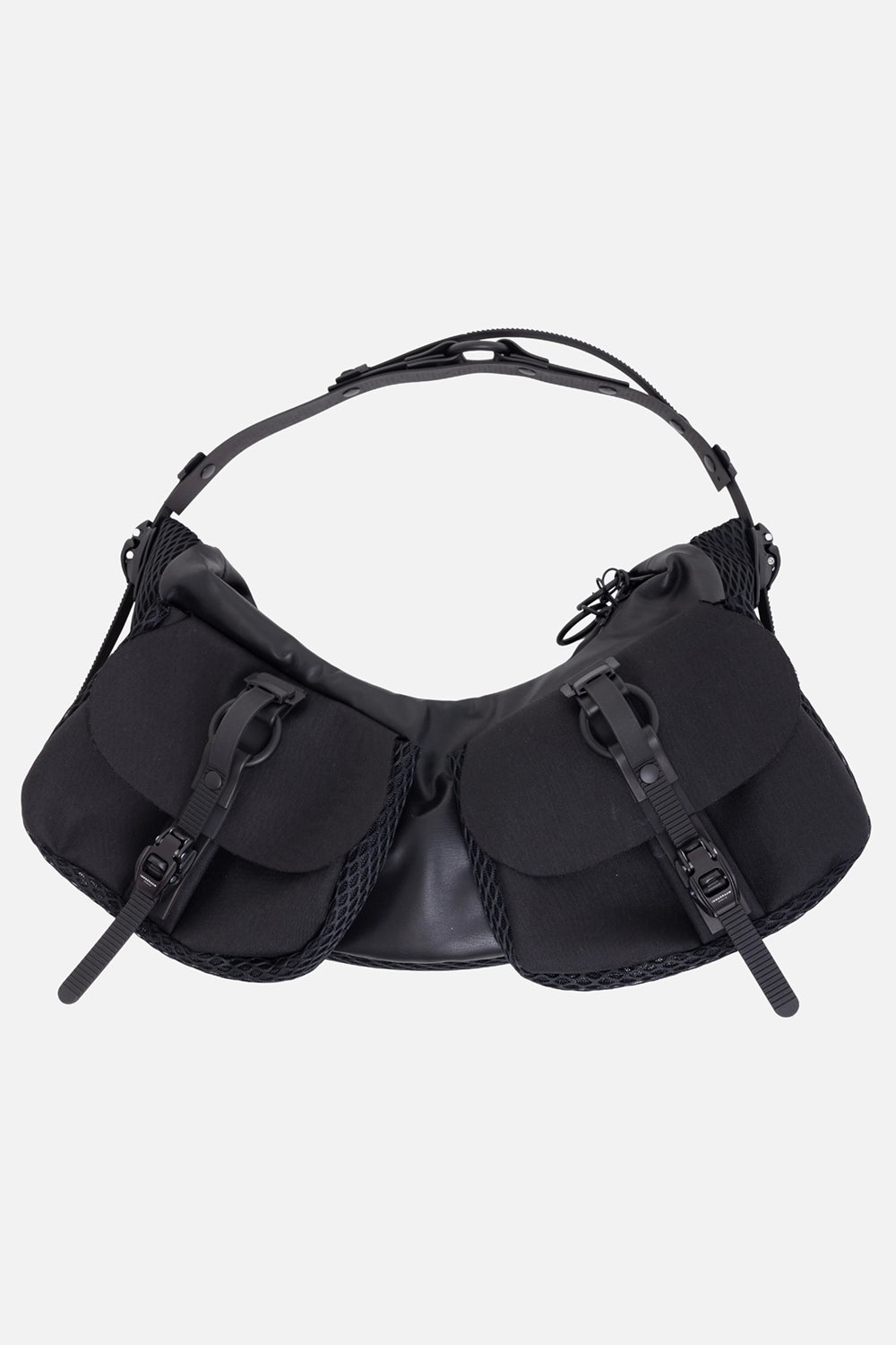 INNERAUM unisex half moon bag in black, front view, dual flap pockets and matte buckle hardware