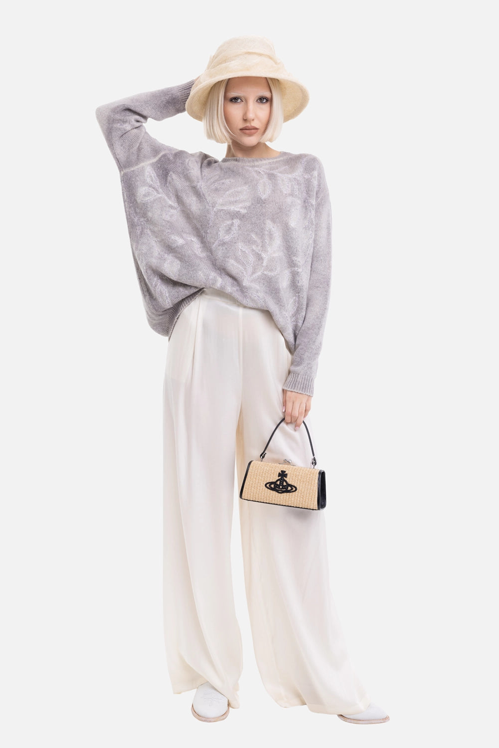 Avant Toi women's palazzo trousers in vanilla, on-model full-length with high waist and flowing hems