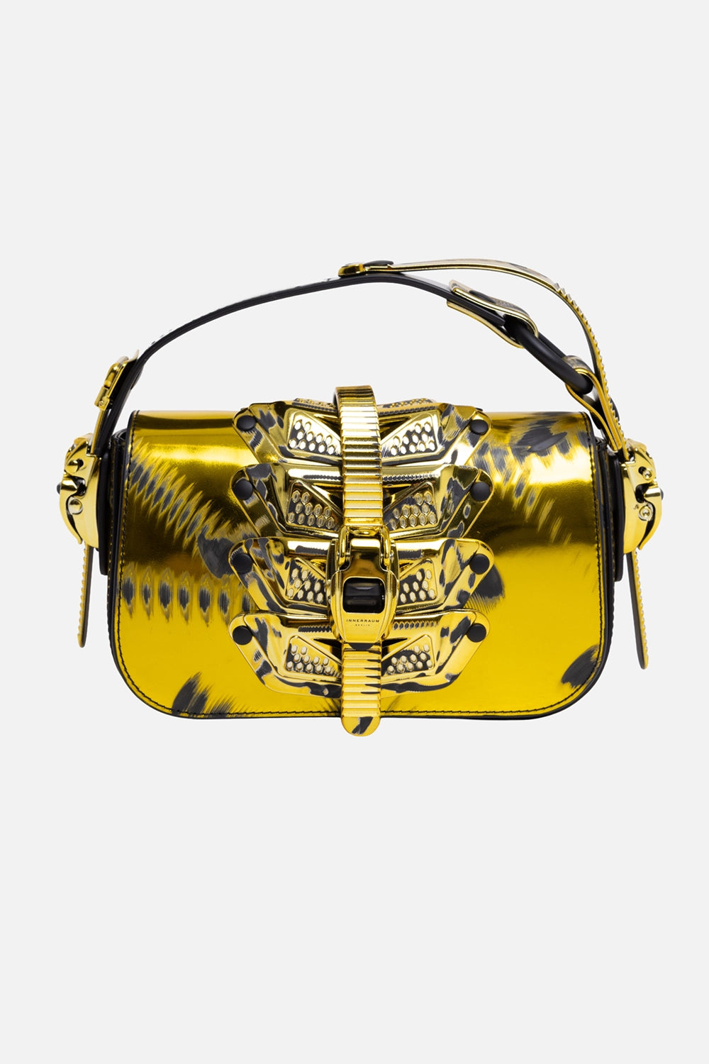 Innerraum women's handbag in acid gold, front view with buckle clasp and layered armor-like front panel