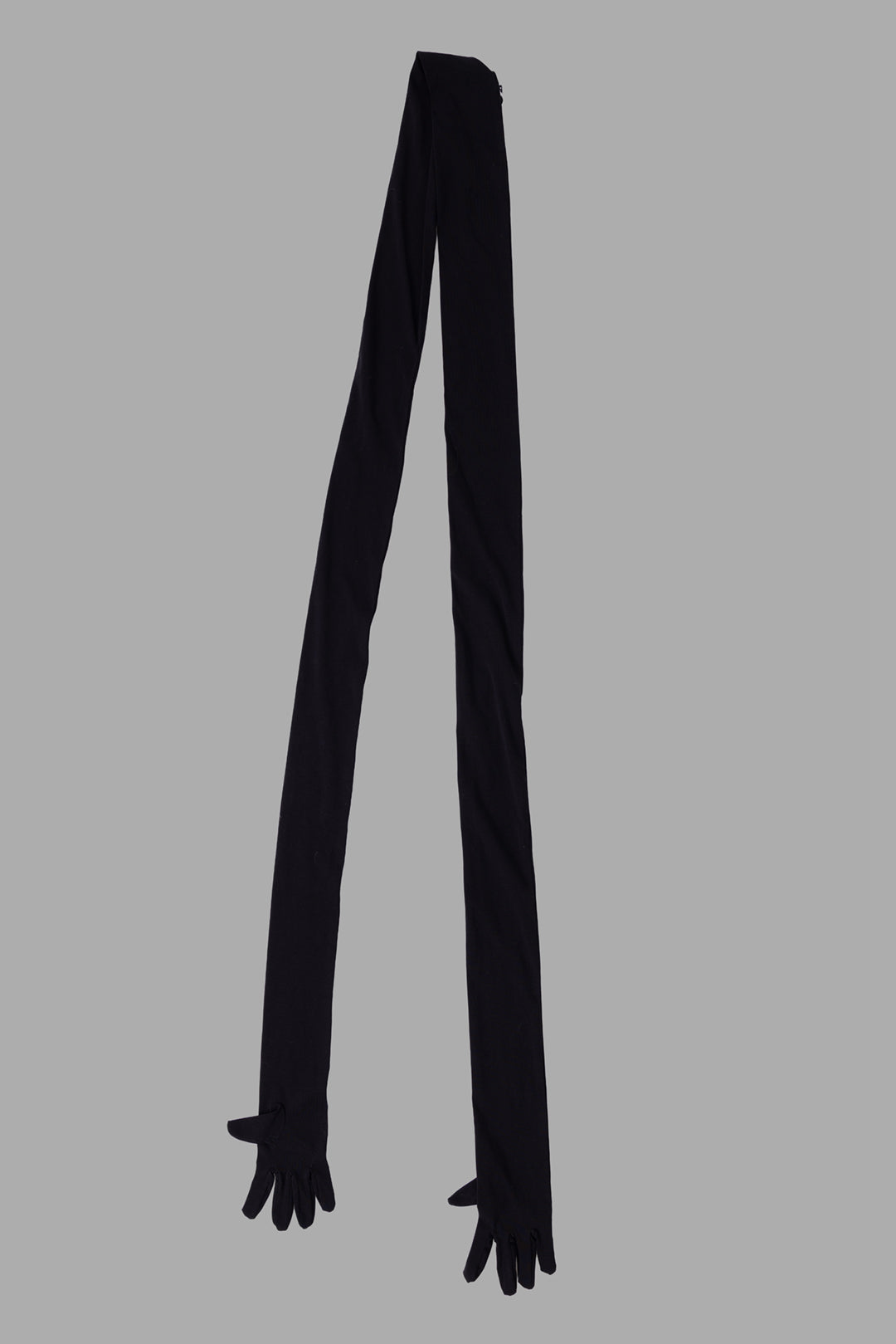 Natasha Zinko unisex black cotton hands scarf, full flat-lay view, extra-long design with glove-shaped ends