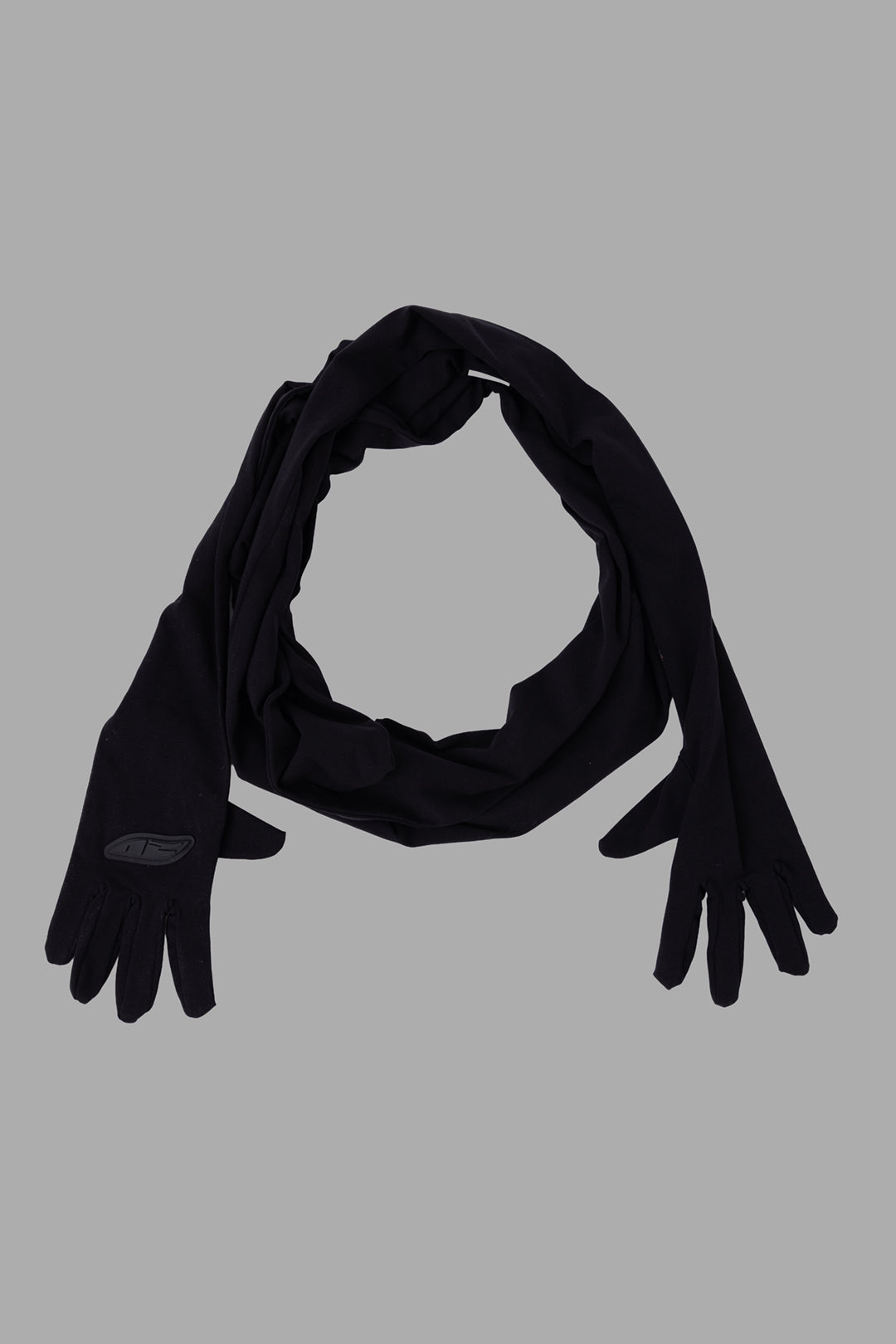 Natasha Zinko unisex black hands scarf, wrapped in a circle, soft cotton jersey with glove ends ready to style