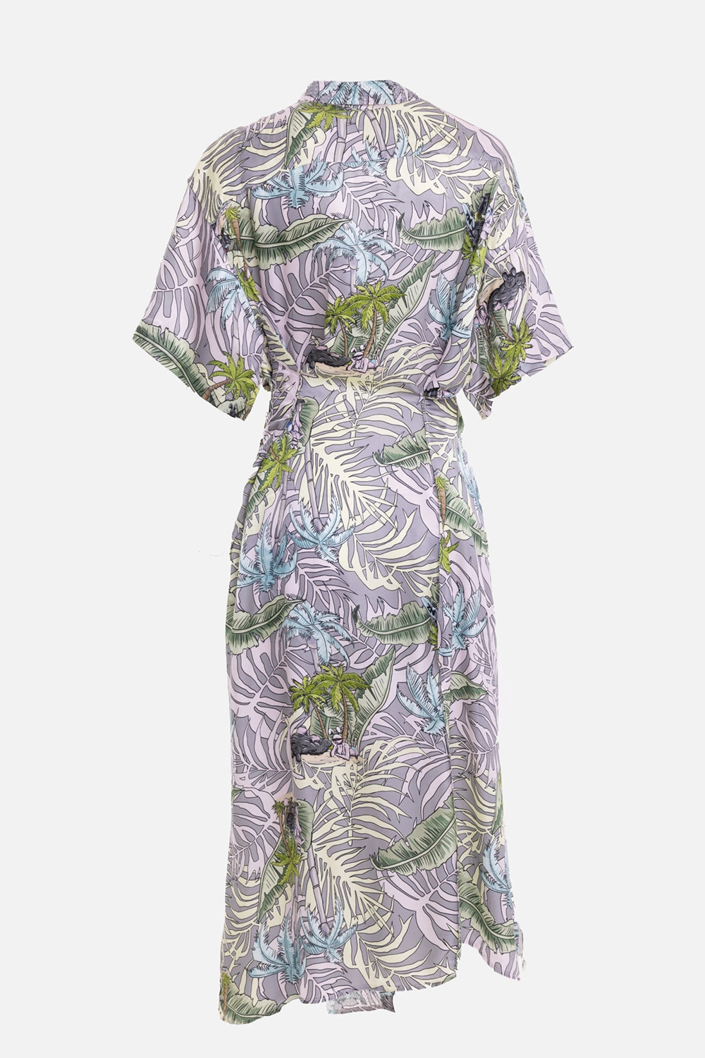 Natasha Zinko women's silk midi dress in multicolour, back view, short sleeves and all-over leaf print