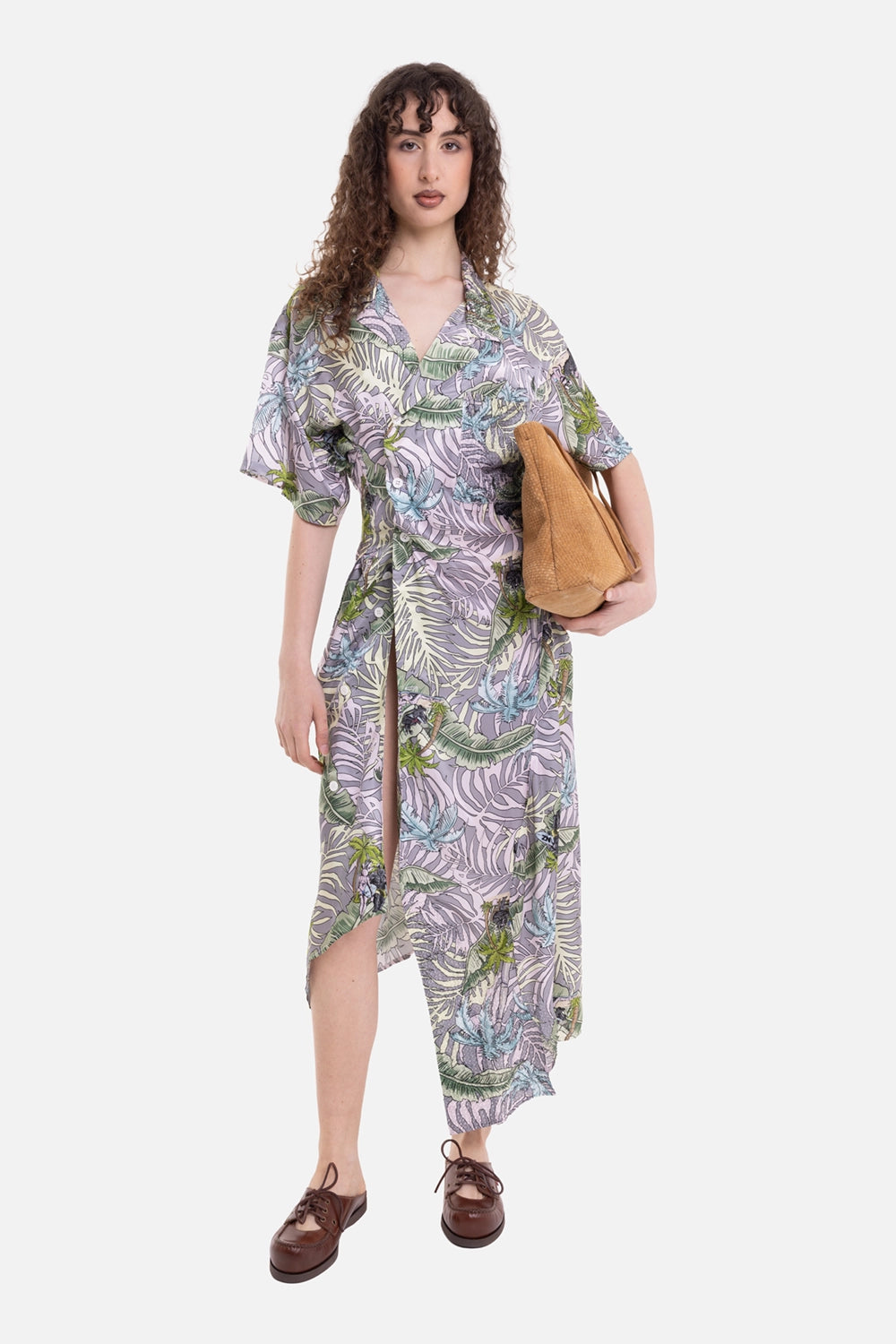 Natasha Zinko women's silk midi dress in multicolour, on-model full-length view, palm print and front slit