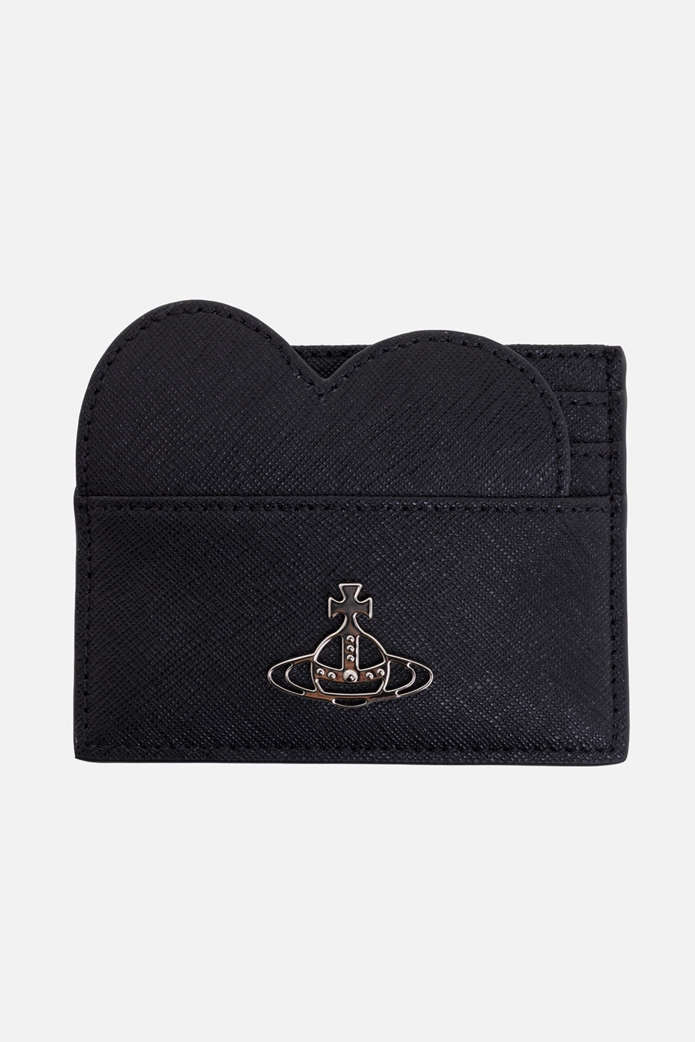 Vivienne Westwood women's card holder in black, front view, heart-shaped top edge and silver-tone Orb plaque