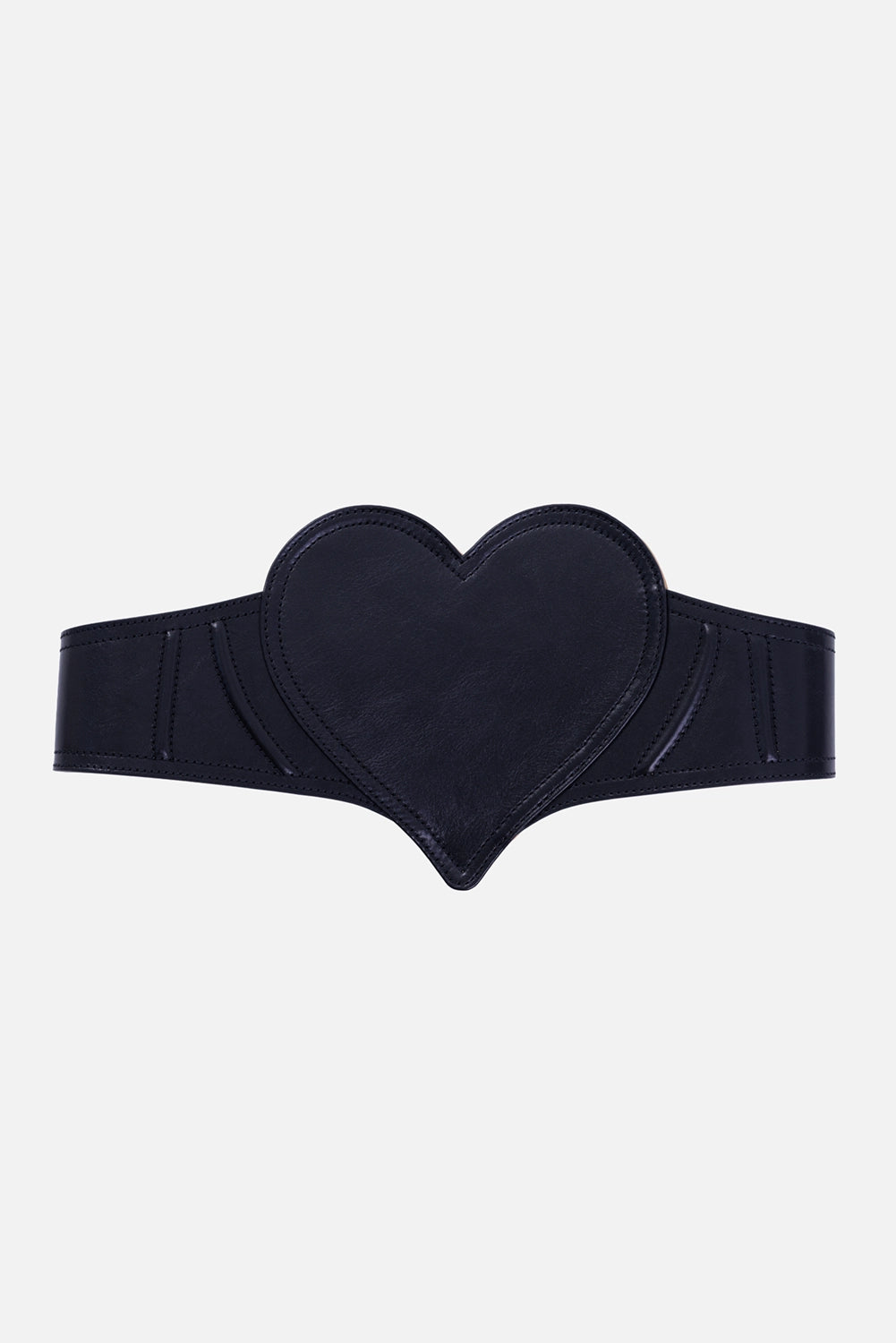 Vivienne Westwood women's Heart Corset belt in black, front view with sculptural heart panel and tonal curved stitching