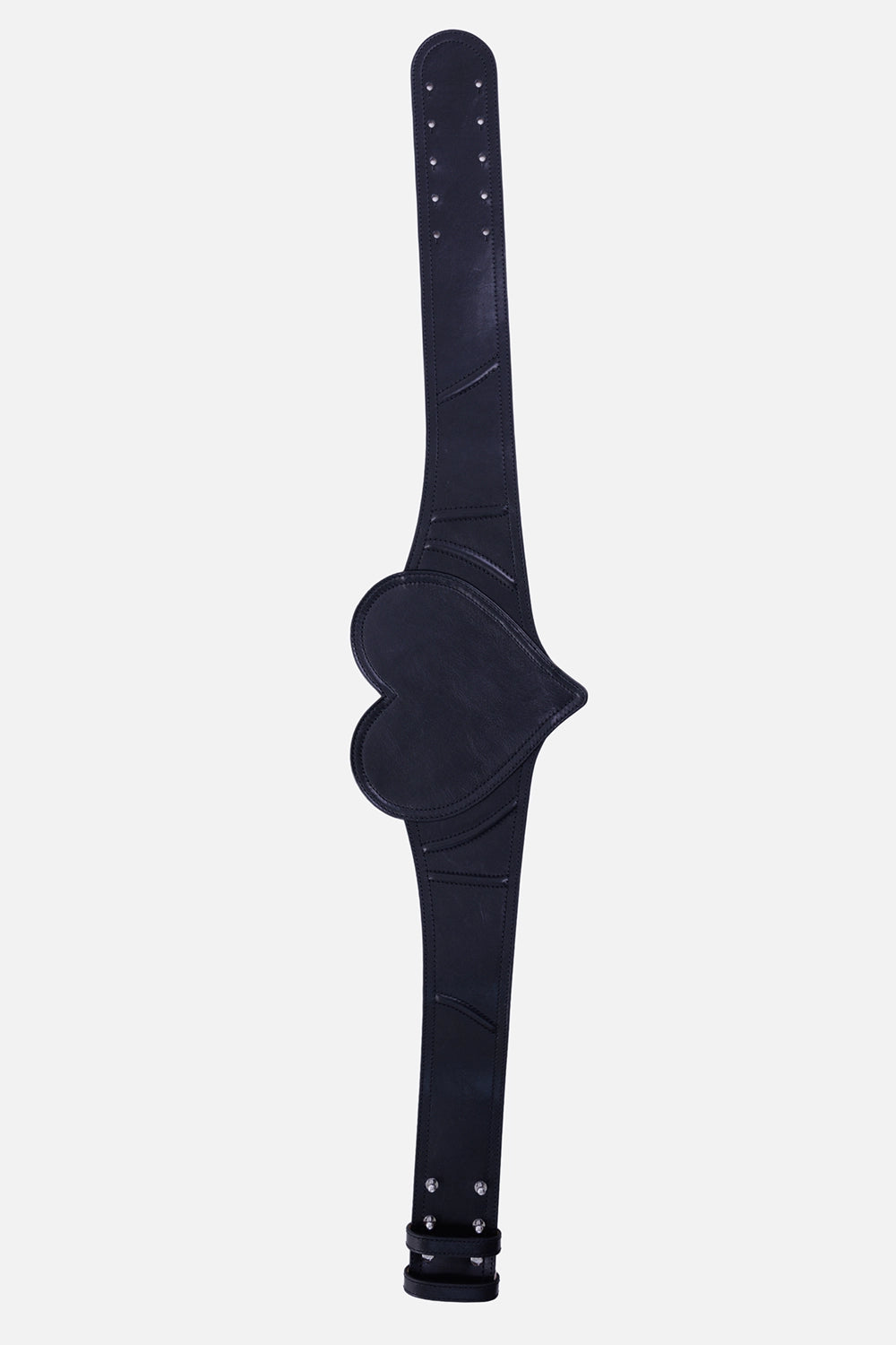 Vivienne Westwood women's Heart Corset belt in black, laid-flat view with extended straps, sizing holes and keeper loops