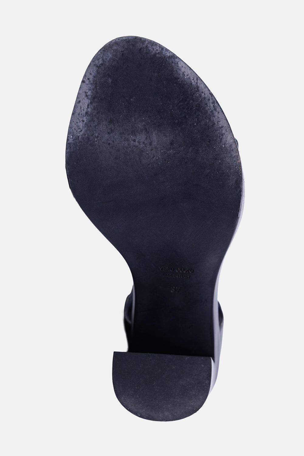 Ann Demeulemeester women's black leather sandals, sole view with Vero Cuoio stamp, size 37 and heel pad