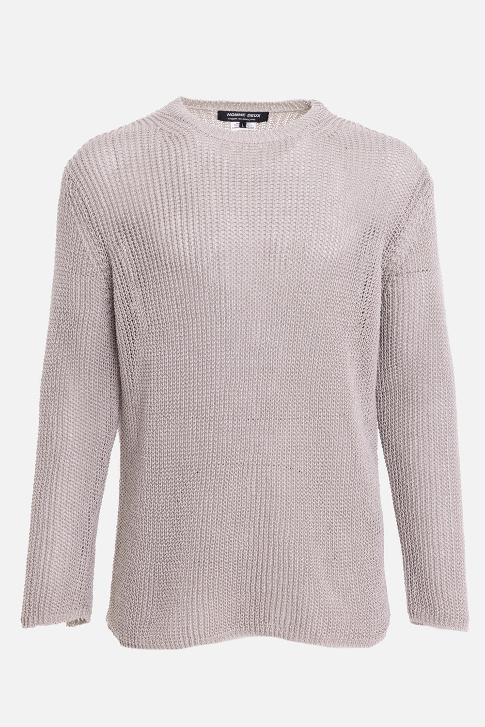 Comme des Garçons men's crewneck sweater in beige, front view, chunky open-knit texture