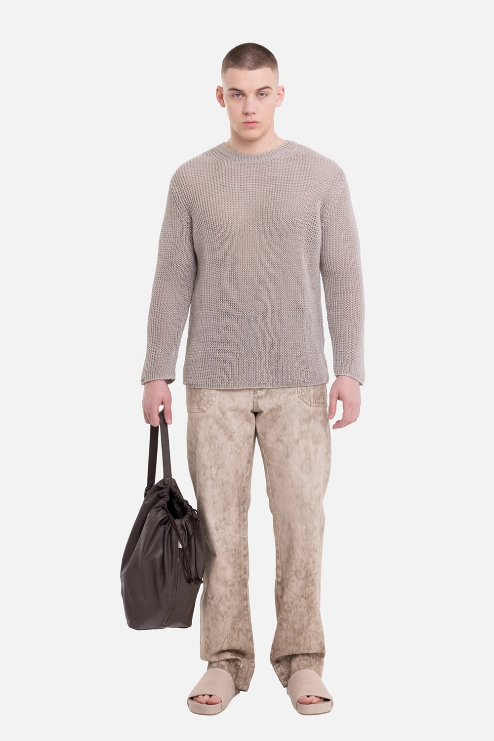Comme des Garçons men's crewneck sweater in beige, on-model full-length view, relaxed fit and textured knit