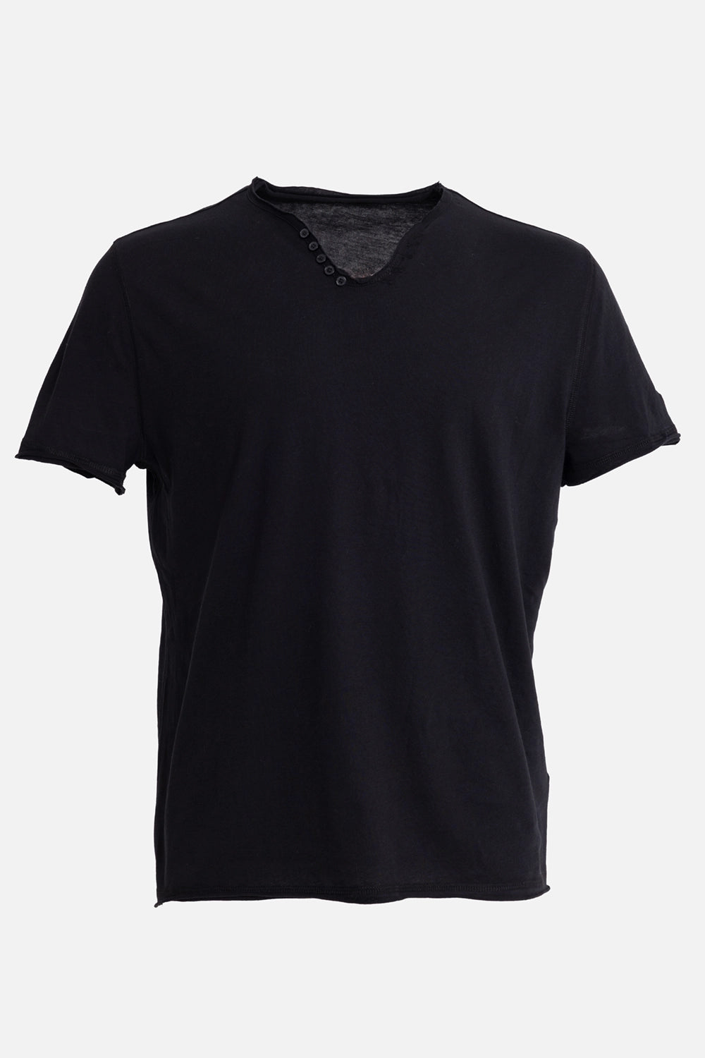 Zadig&Voltaire men's Henley T-shirt in black, back view, plain jersey back and raw short sleeves