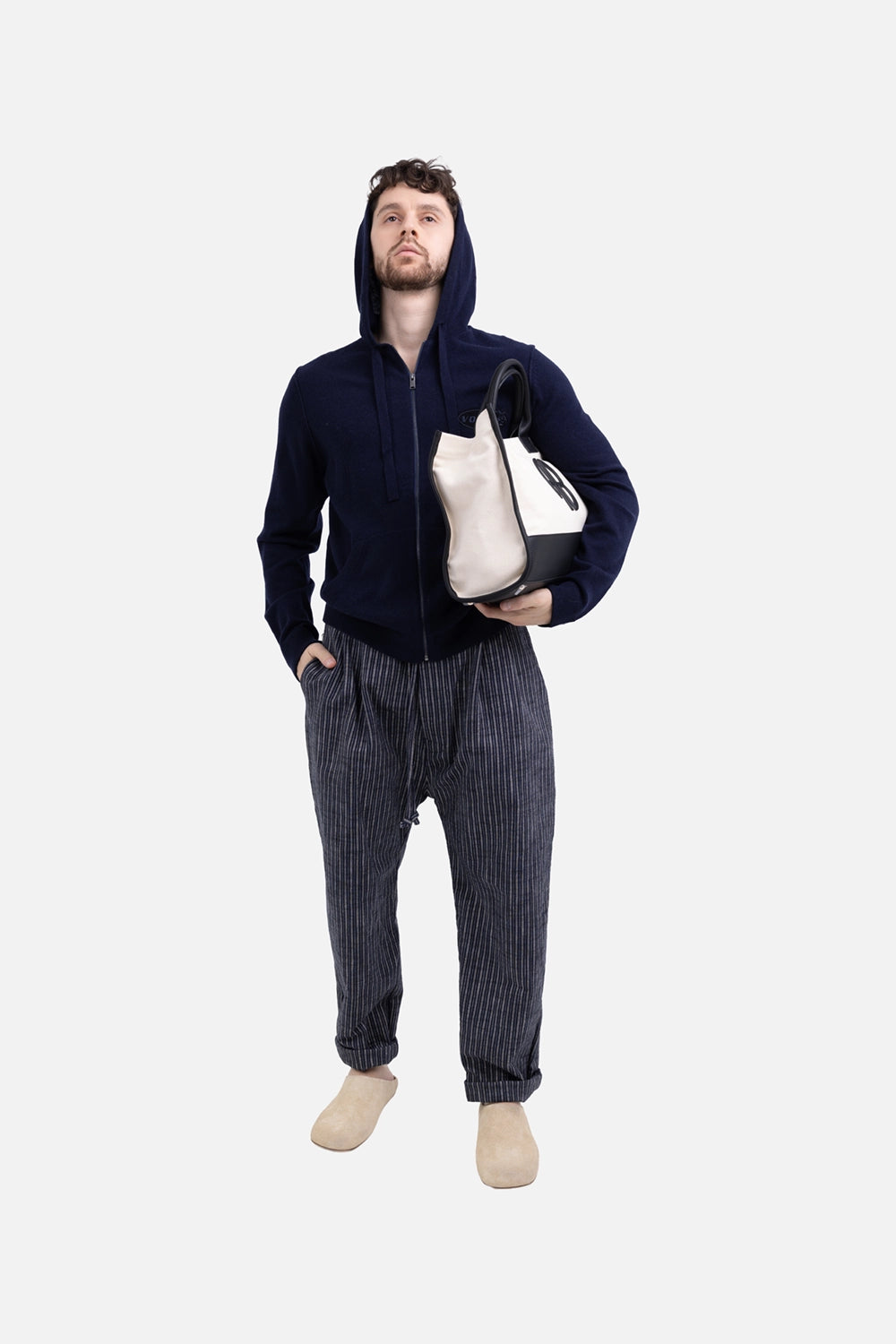 Zadig&Voltaire men hooded cardigan in encre, on-model full length, zip-front with drawstring hood