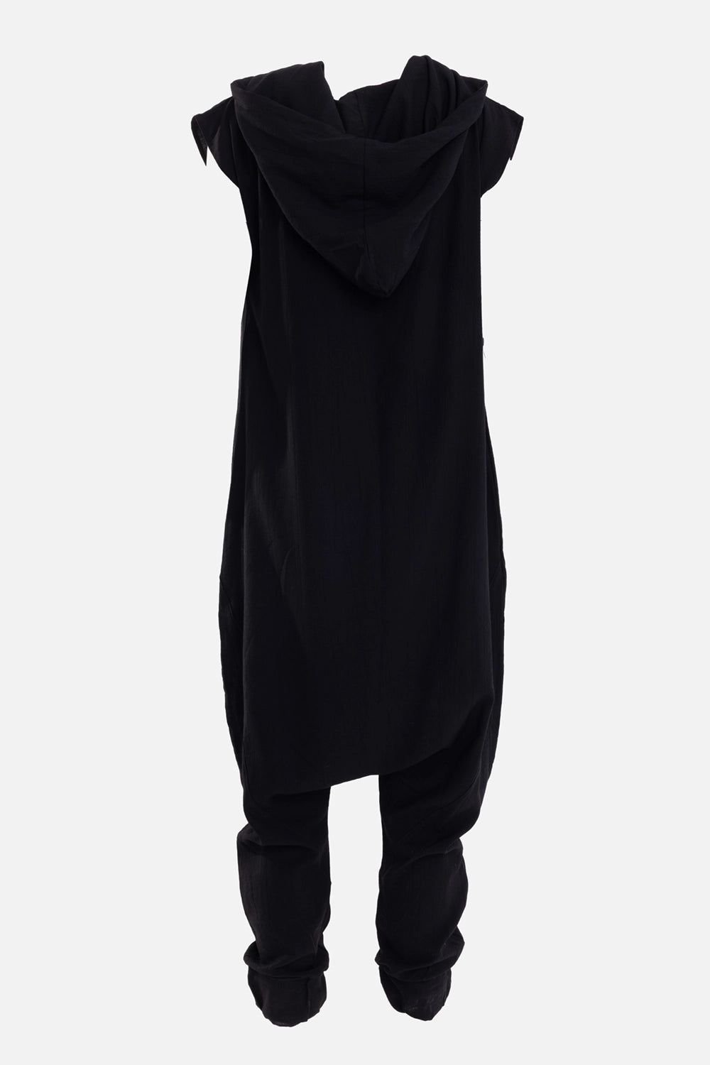 La Haine Inside Us women's hooded jumpsuit in black, back view, oversized hood and long sleeveless back panel