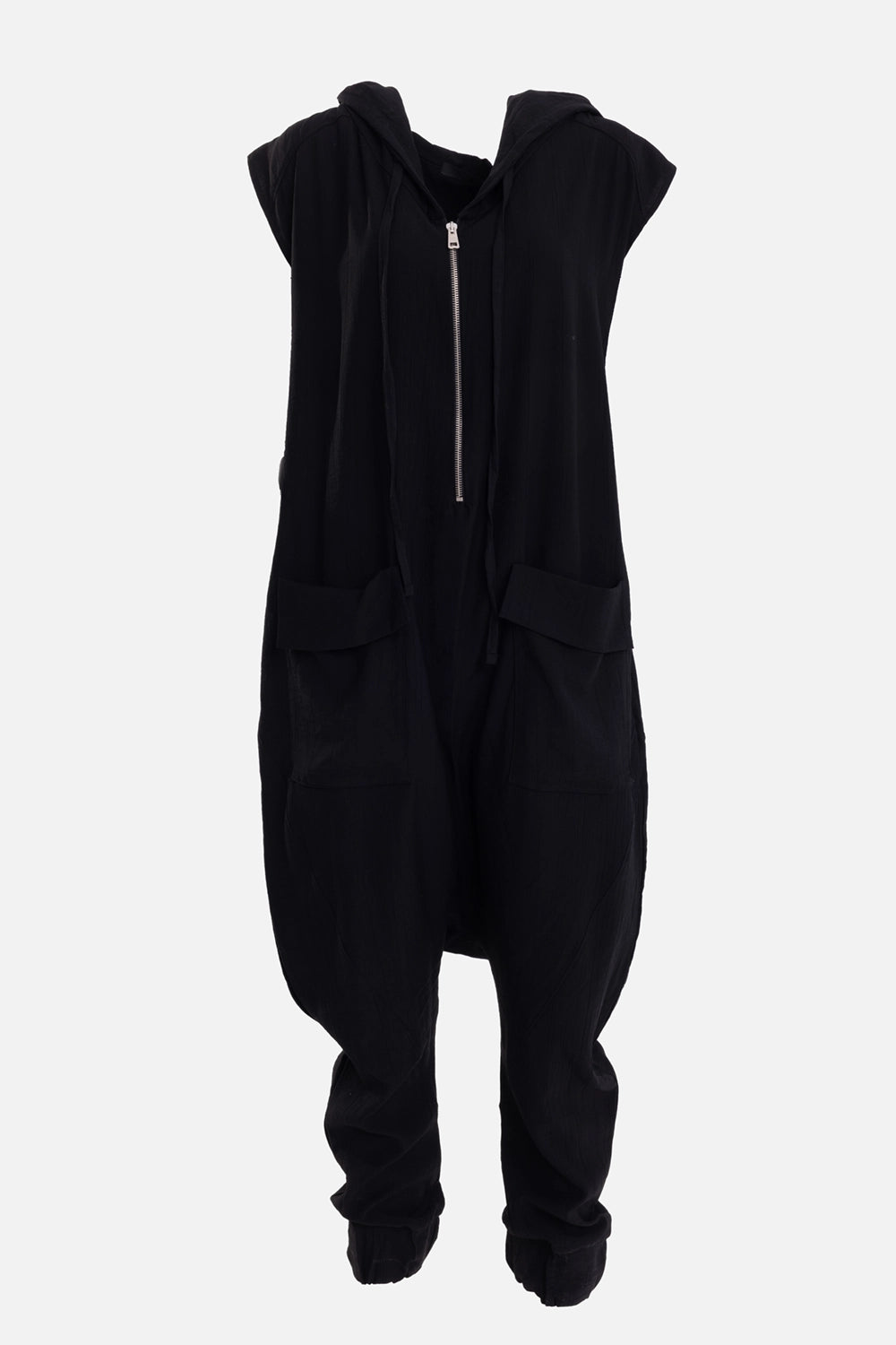 La Haine Inside Us women's hooded jumpsuit in black, front view, silver half zip and flap cargo pockets