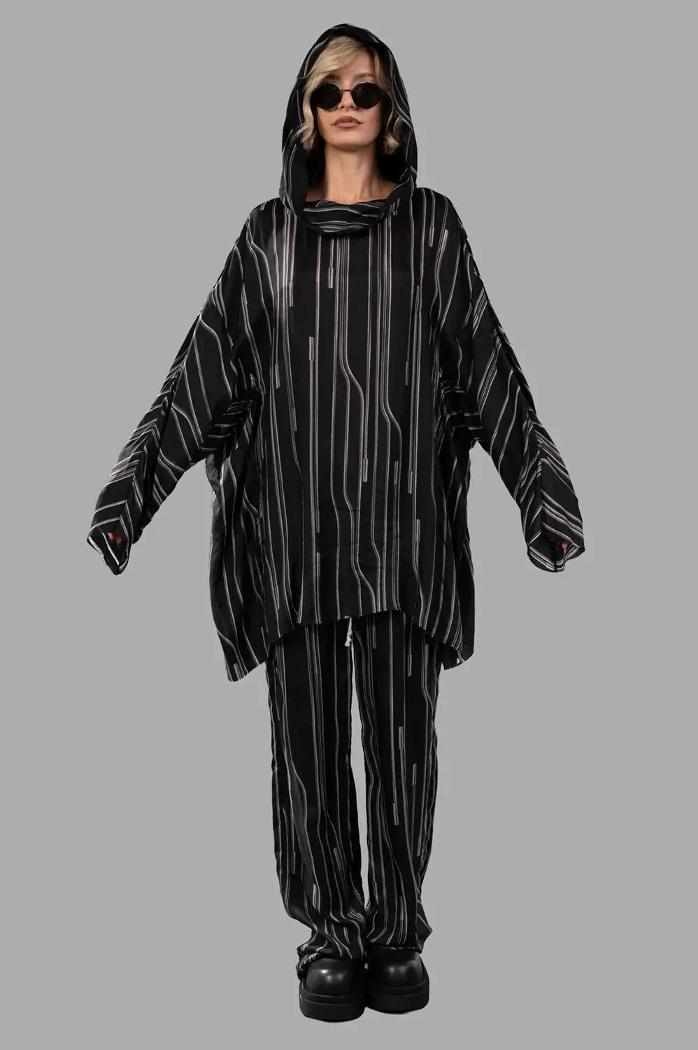 Rick Owens hooded tunic in Black/Pearl, on-model full length, draped hood and striped print