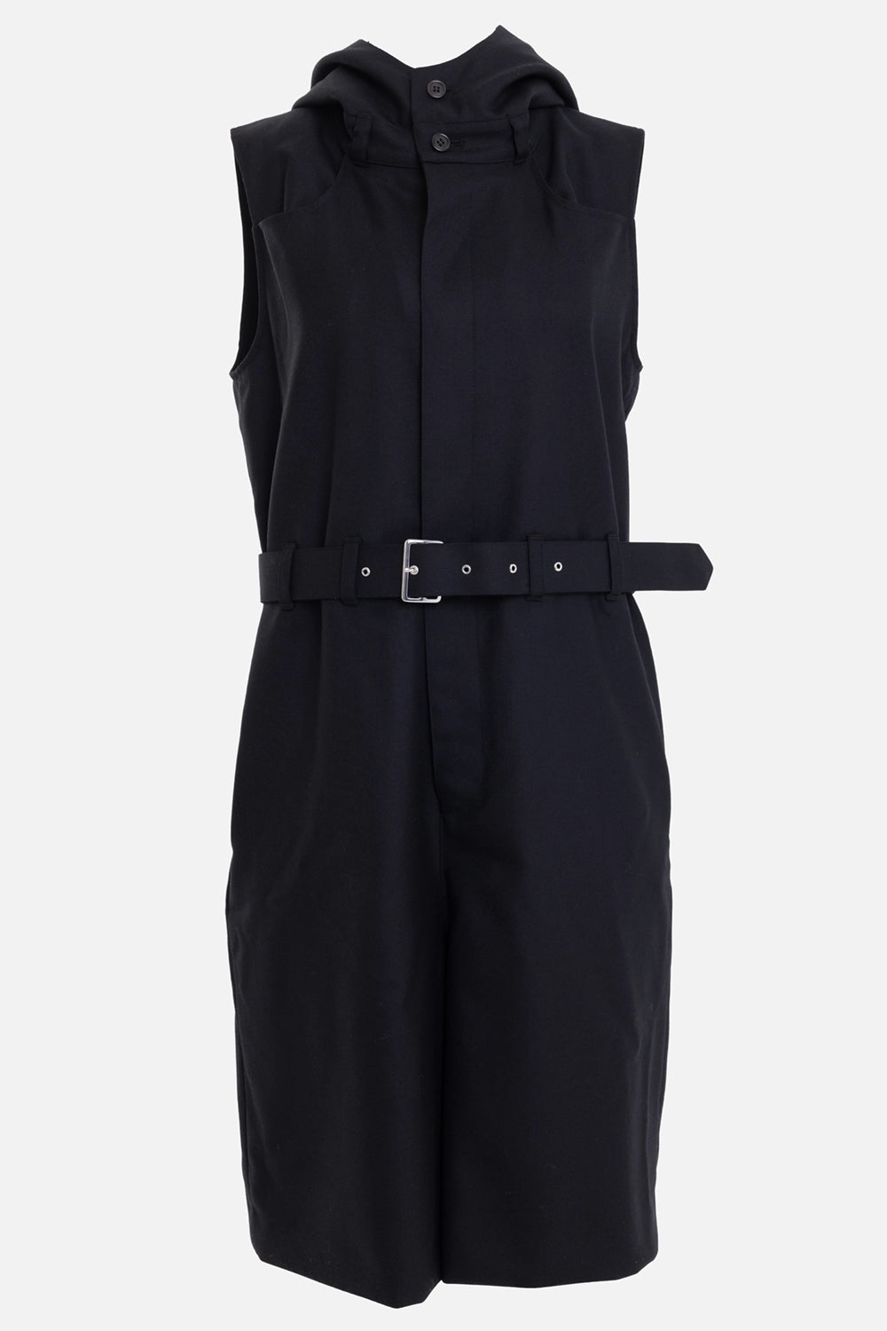 Noir Kei Ninomiya women's jumpsuit in Black, front mannequin view with hood and silver-buckle belt