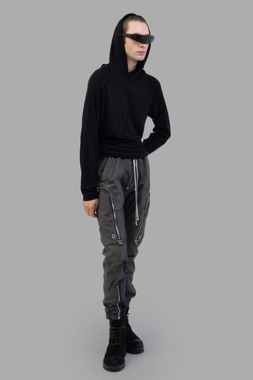 Attachment hoodie in black, on-model full length, draped hood and relaxed fit