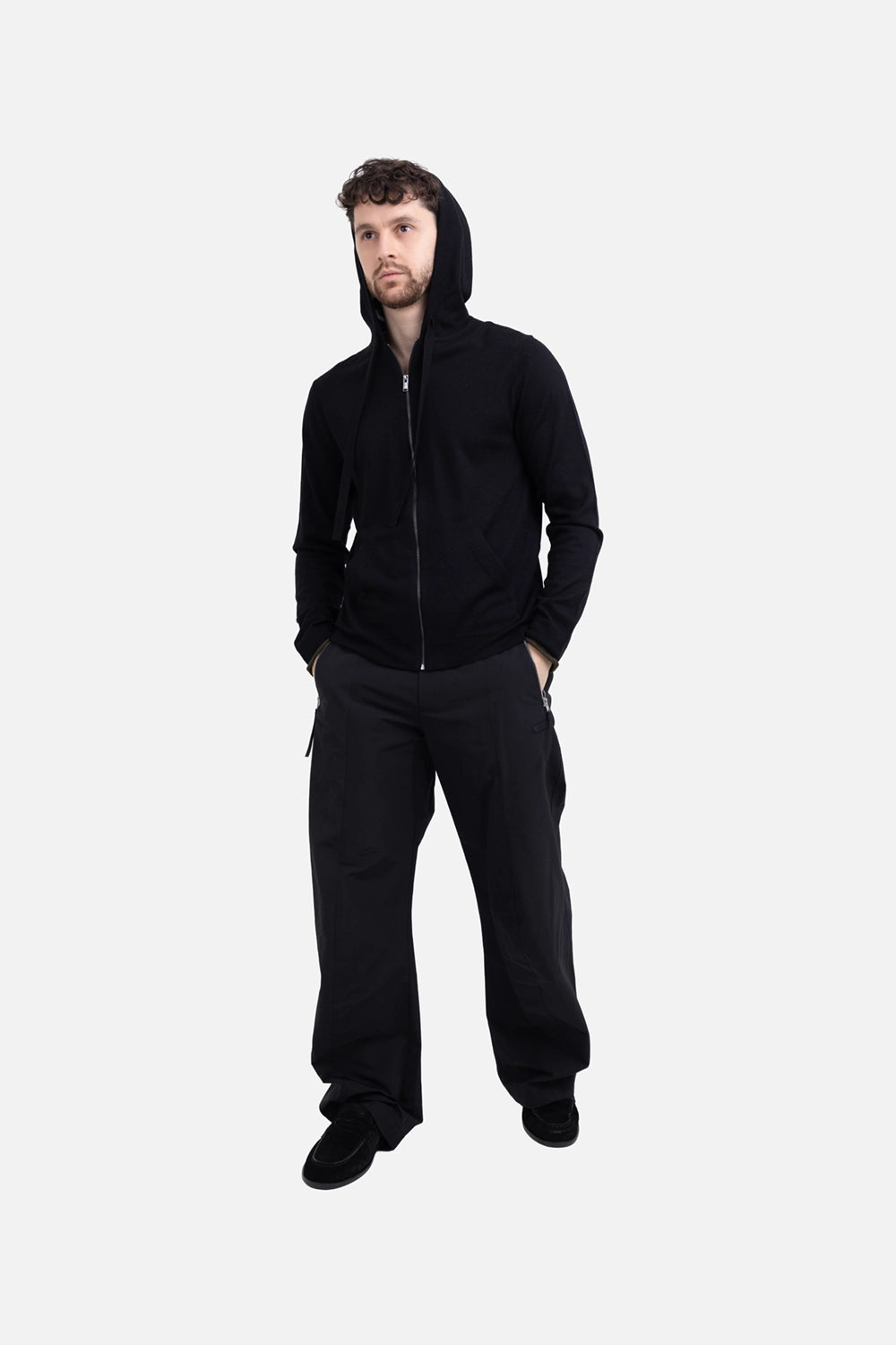 Zadig&Voltaire men’s zip hoodie in black, on-model full-length view, slim fit with drawstring hood and zip front.