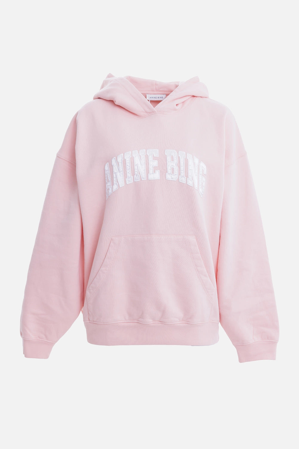 Anine Bing women's coral pink hoodie, front view with dropped shoulders, white logo and ribbed waistband