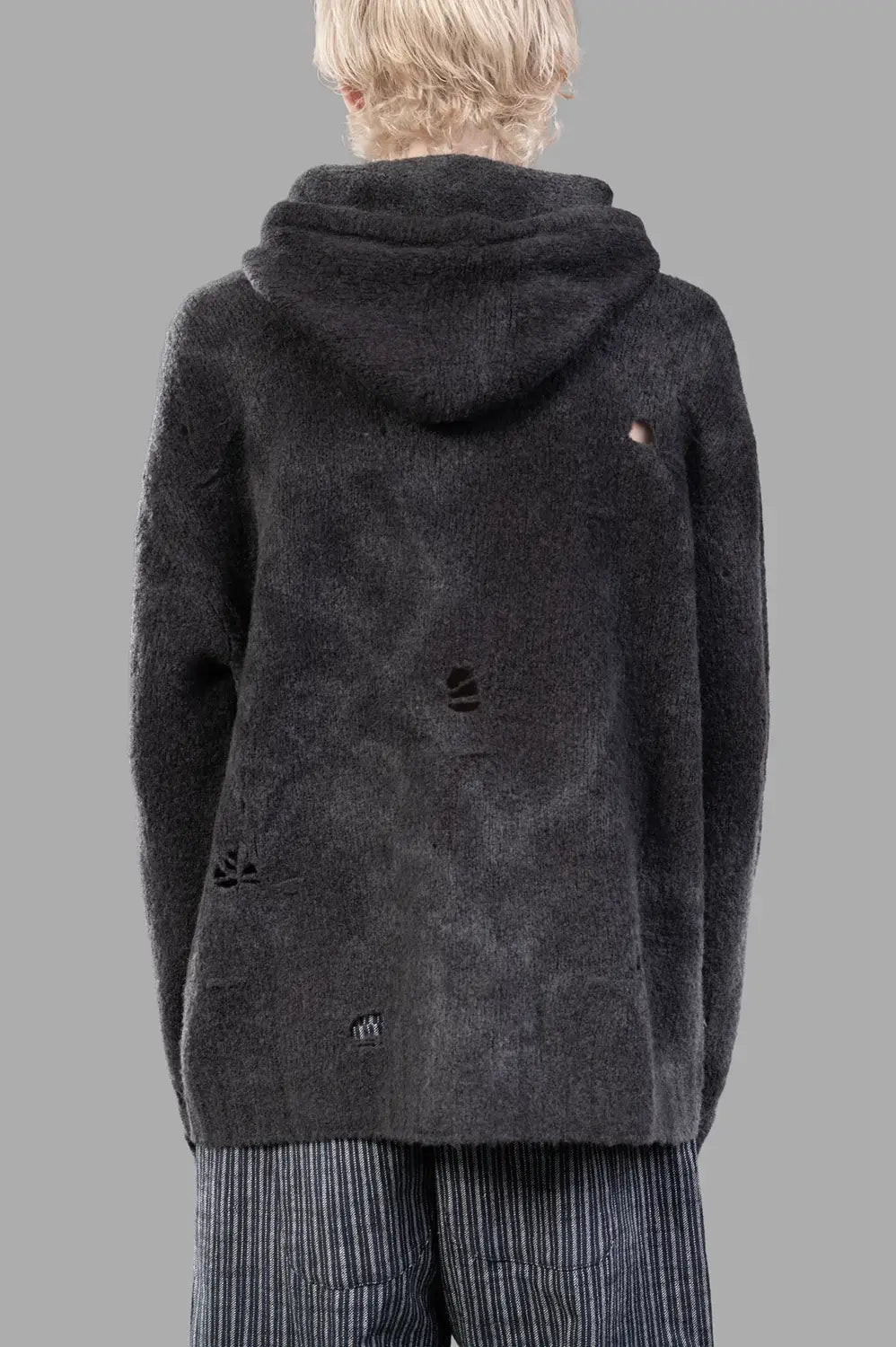 UMA WANG hoodie in dark grey, back view, tie-dye gradient and distressing throughout