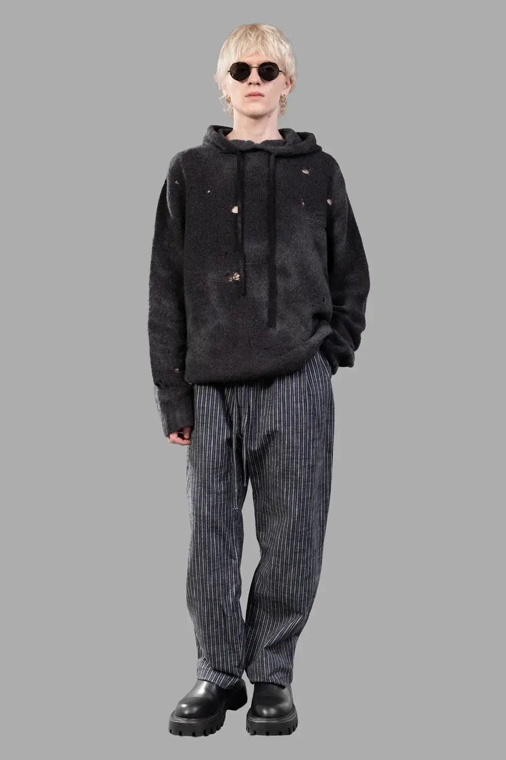 UMA WANG hoodie in dark grey, on-model full length, distressed holes and tie-dye shading