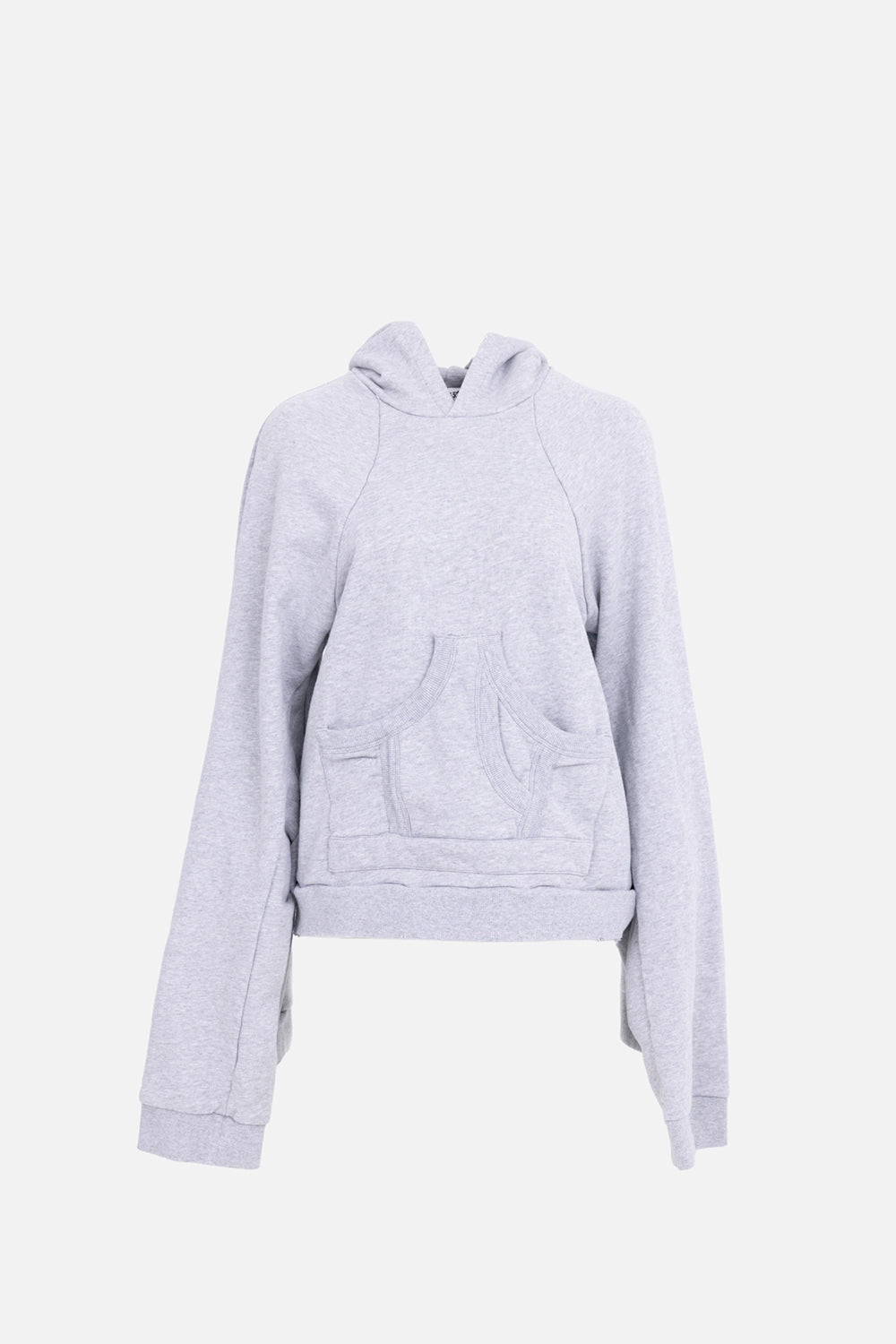 Natasha Zinko women hoodie in grey, front view, layered body with kangaroo pocket