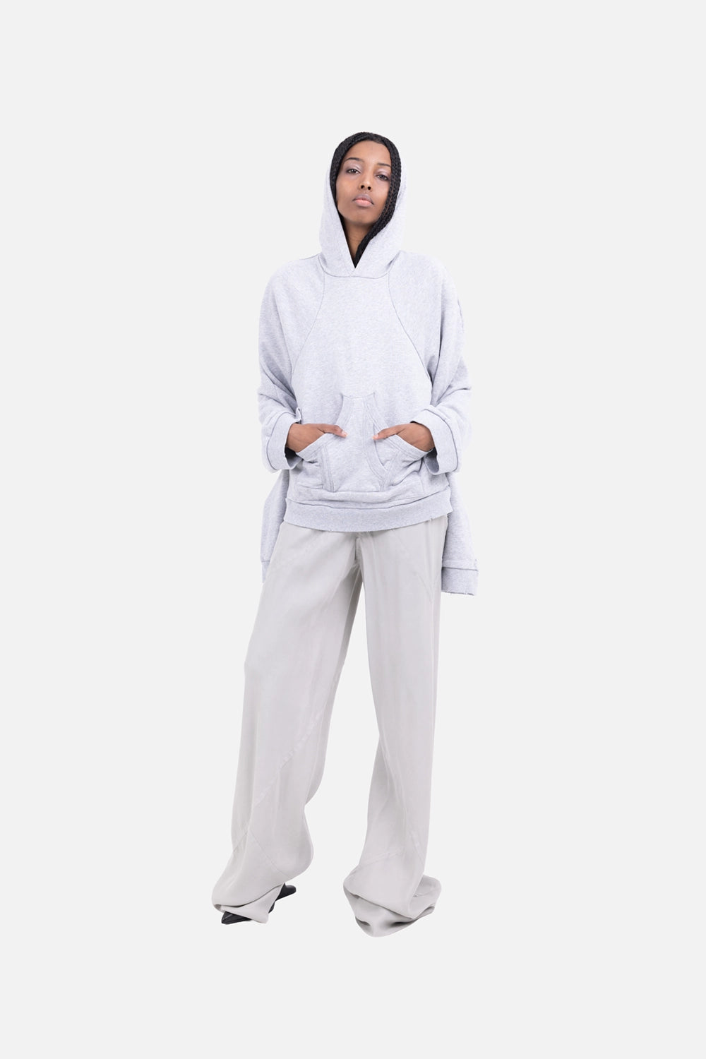 Natasha Zinko women hoodie in grey, on-model full-length, extra-long sleeves and slouchy fit