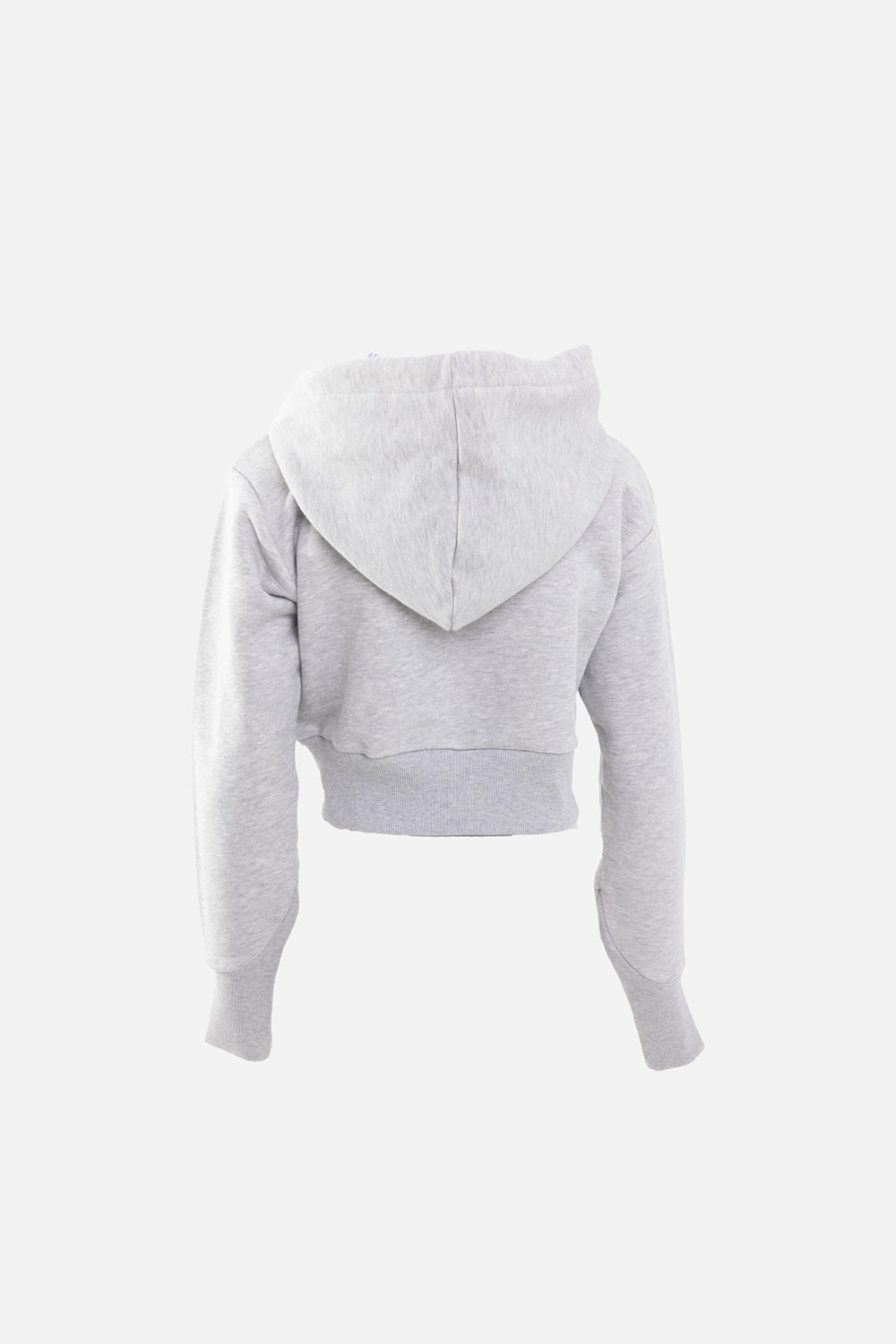 Vivienne Westwood women's hoodie in grey, back view, cropped ribbed hem with large hood