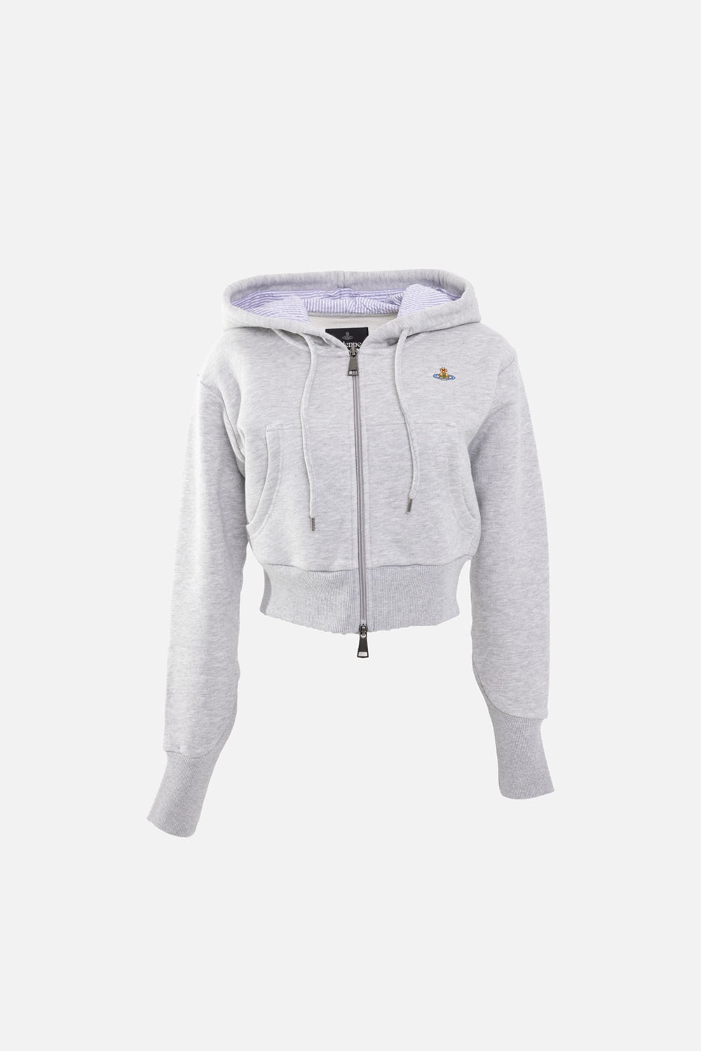 Vivienne Westwood women's hoodie in grey, front view, striped hood lining and multicolour Orb logo