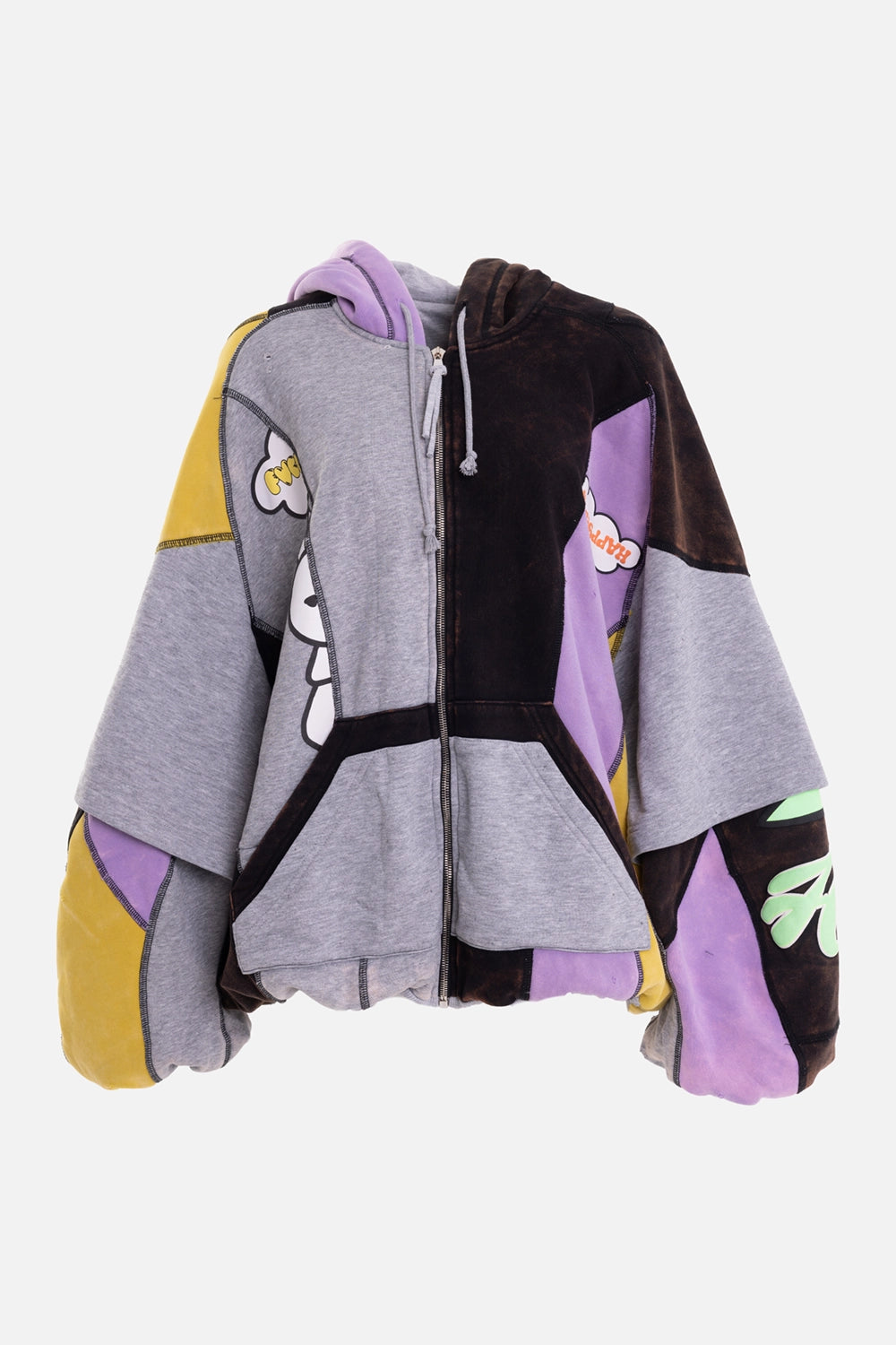 Natasha Zinko unisex hoodie jacket in multicolour, front view, patchwork panels and split front pockets