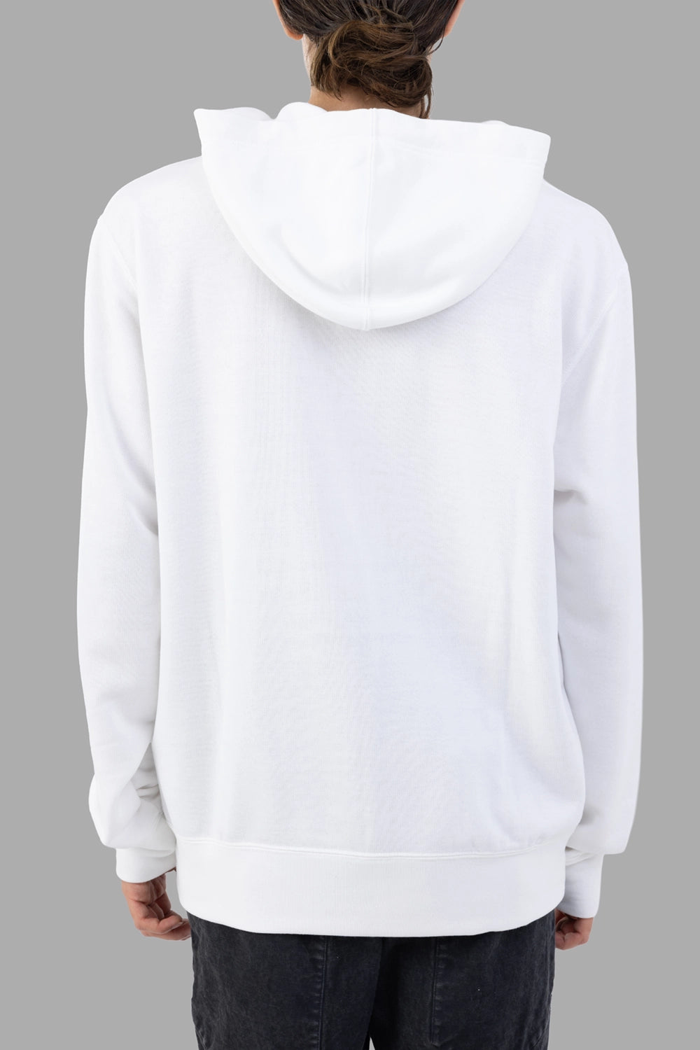Comme des Garçons white hoodie, back view, plain design with attached hood
