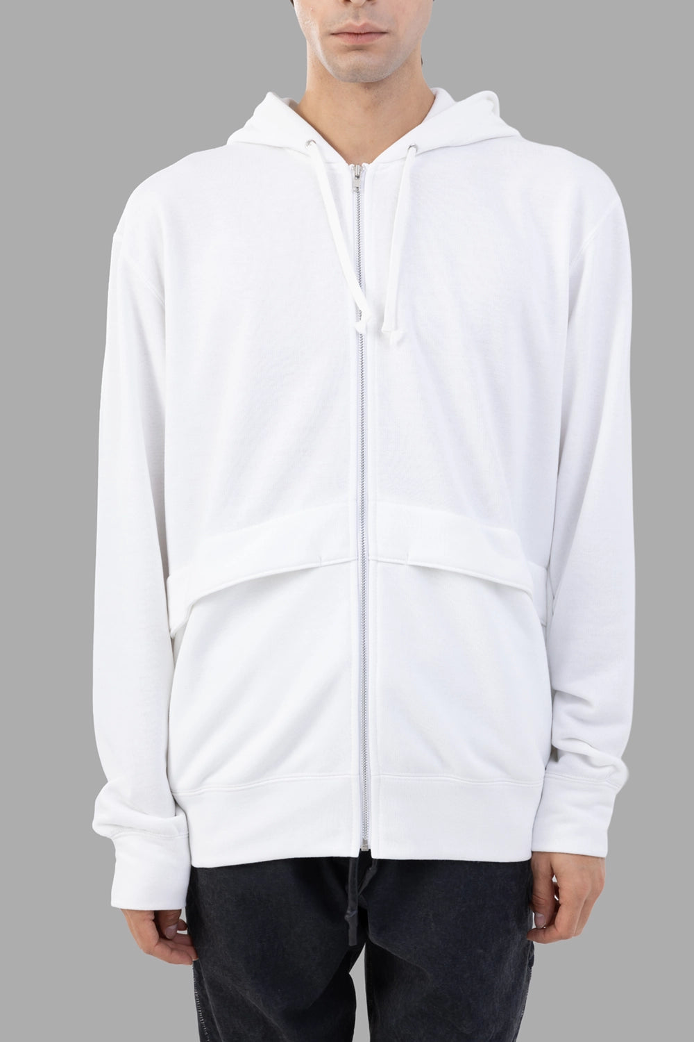 Comme des Garçons white hoodie, front view, full zip closure and horizontal seam detail