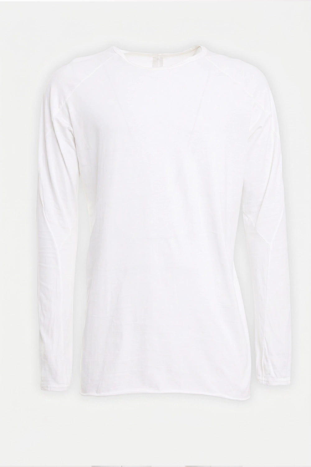 69 by Isaac Sellam men's long-sleeve T-shirt in white, front view with curved raglan seams and slim crewneck