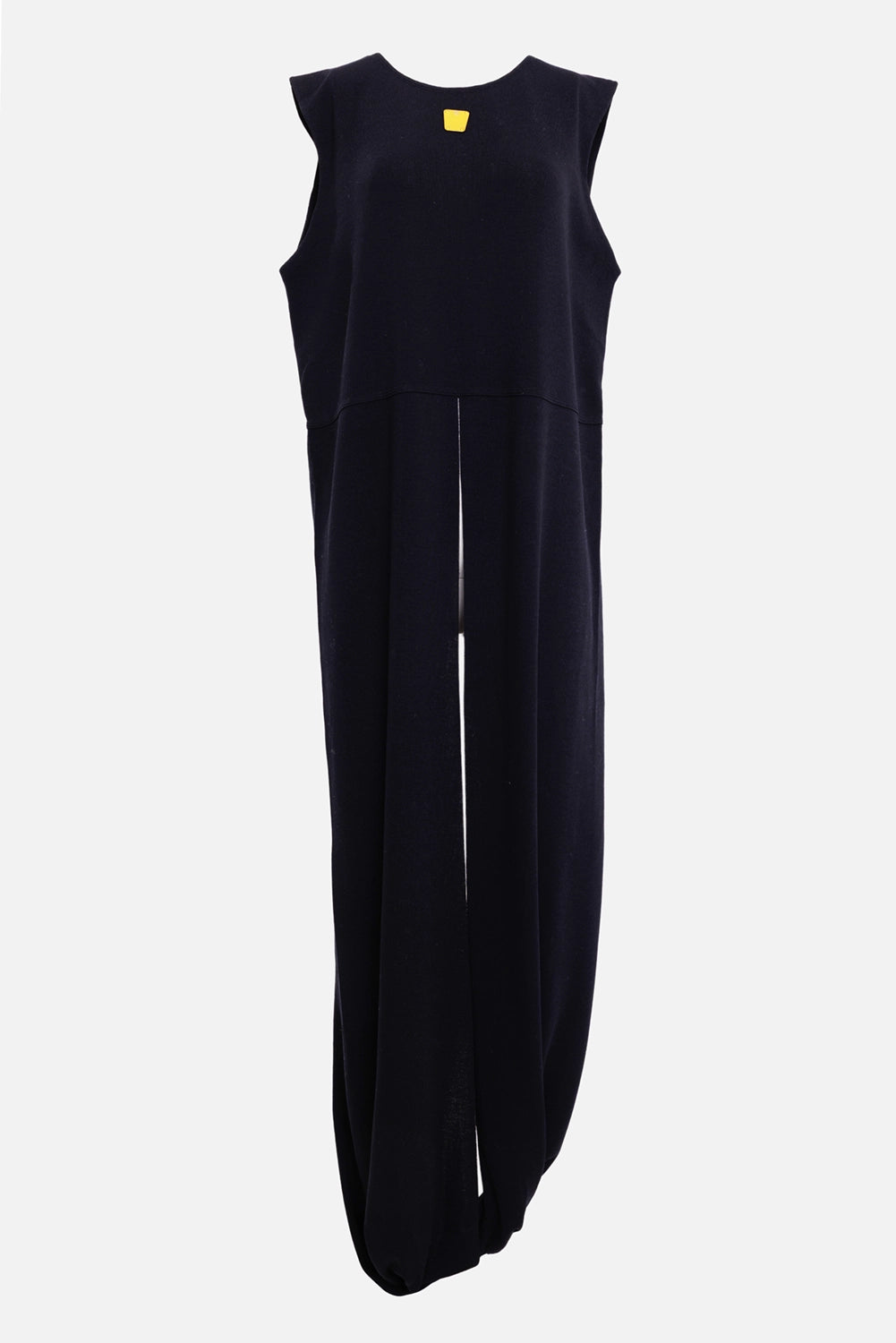 Louis Vuitton women's hybrid draped knit top in black, back view, long split draped panels