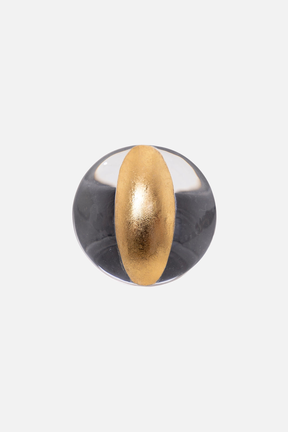 Monies Ibex acrylic ring in gold, front view with rounded clear disc and vertical gold foil detail