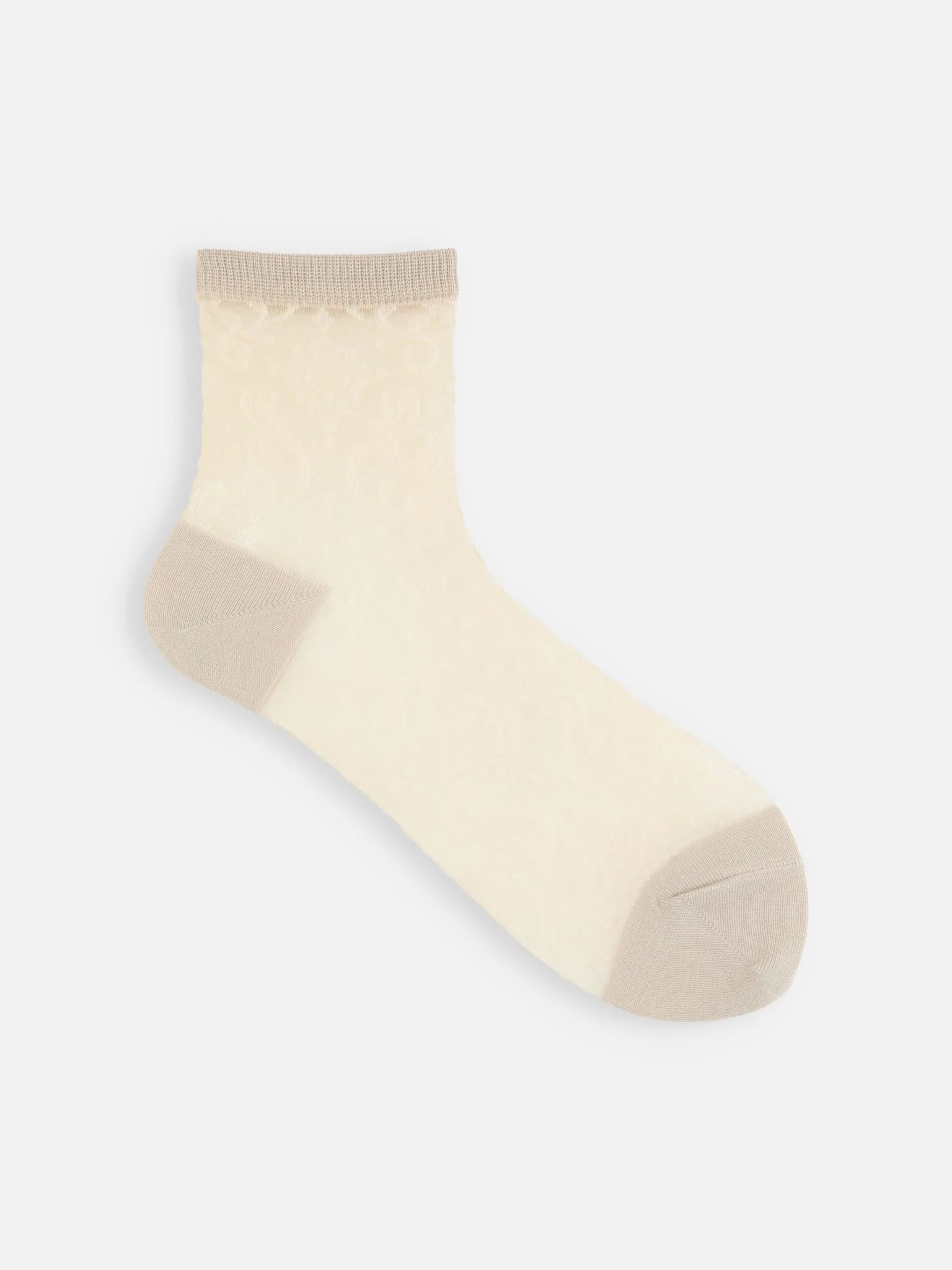 Tabio Tulle Damask Pattern Low Crew Socks in ecru, featuring a feminine design and soft cotton blend for comfort.
