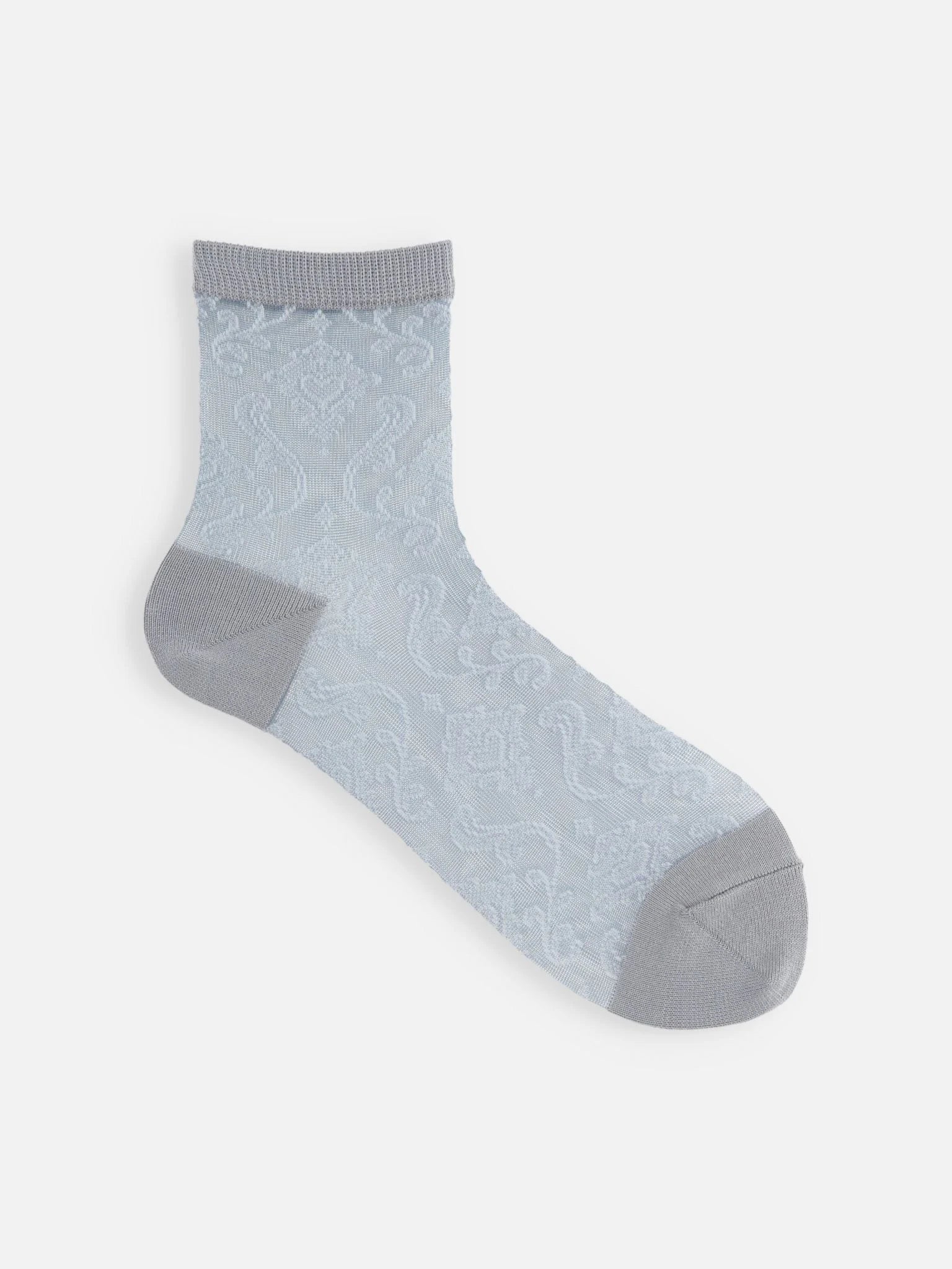 Tabio Tulle Damask Pattern Low Crew Socks in light blue with a transparent damask design and comfortable mercerized cotton.