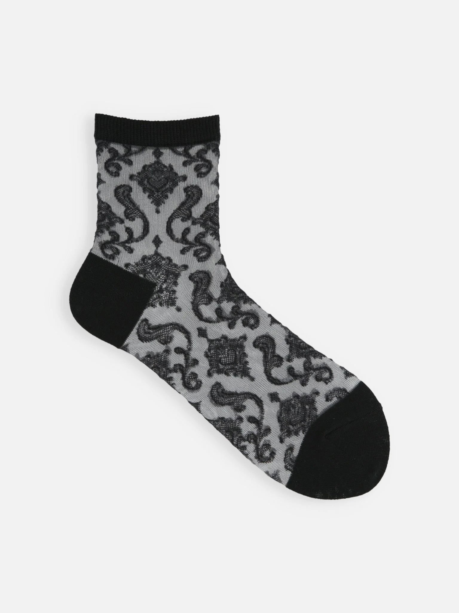 Tabio Tulle Damask Pattern Low Crew Socks, black design, side view. Transparent damask pattern with cushioned heel and toe.