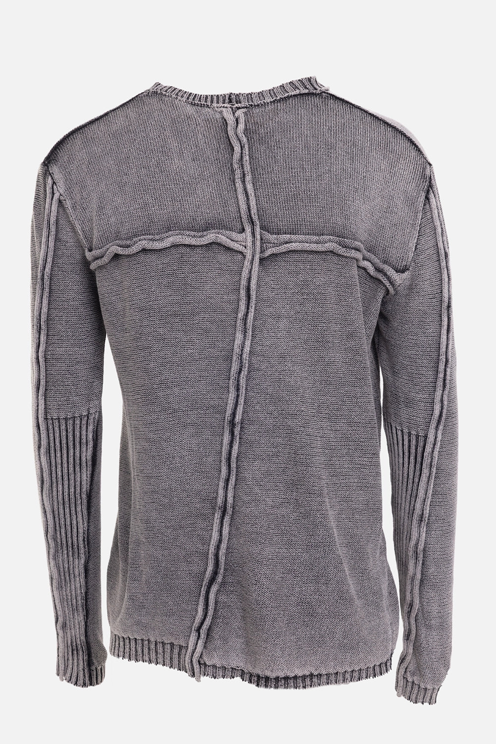 Masnada men's sweater in ash grey, back view with exposed reverse seams and vertical center ridge