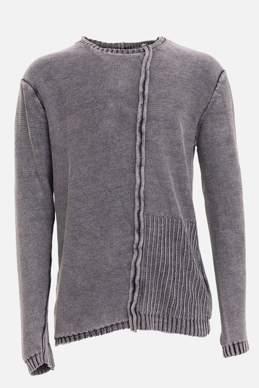 Masnada men's sweater in ash grey, front view with asymmetric ribbed panel and raised center seam