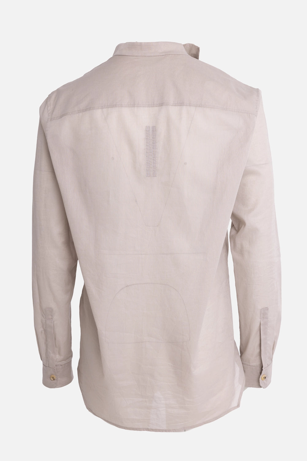 Rick Owens men's Island shirt in Pearl, back view, sheer back yoke and cuff button