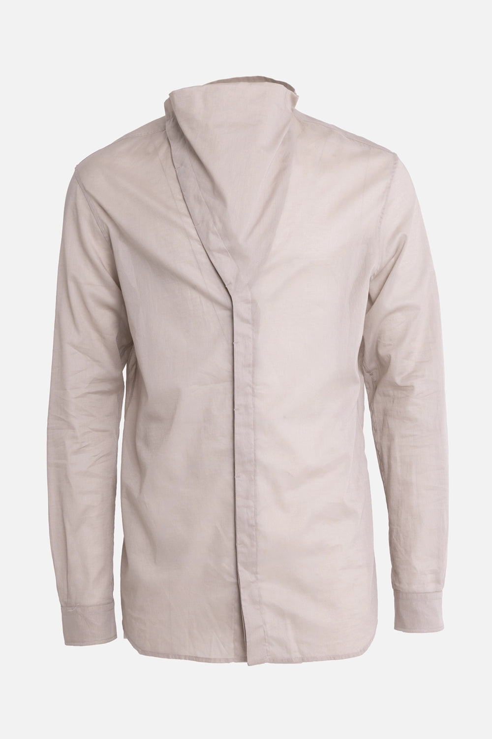 Rick Owens men's Island shirt in Pearl, front view, asymmetric concealed placket and high neck