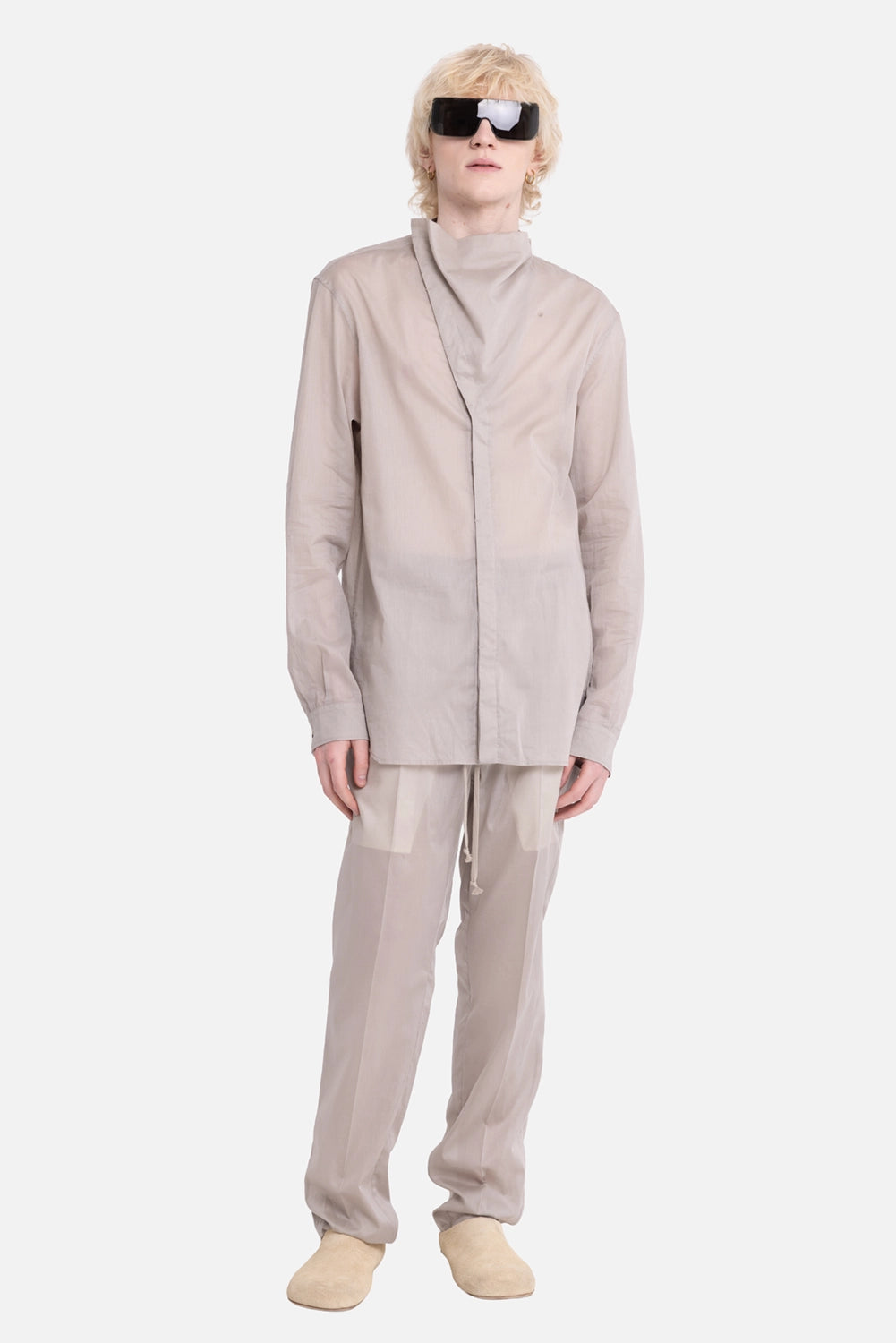 Rick Owens men's Island shirt in Pearl, on-model full-length, sheer funnel neck and long sleeves