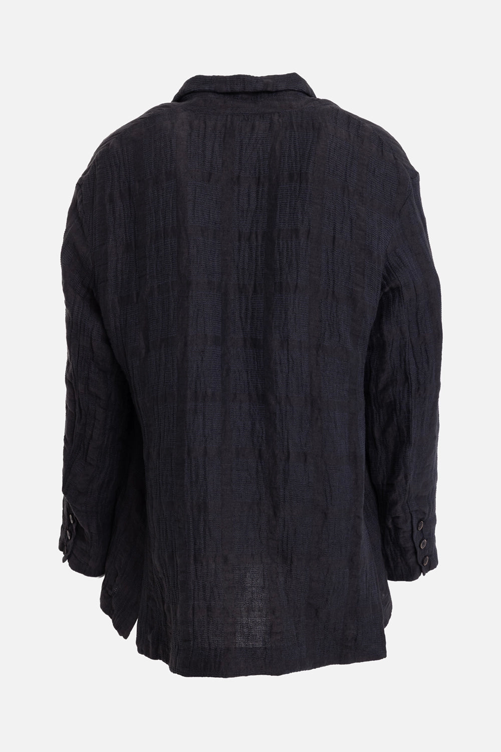 Marc Point men's black jacket, back view, crinkled plaid texture, relaxed shape and buttoned cuffs