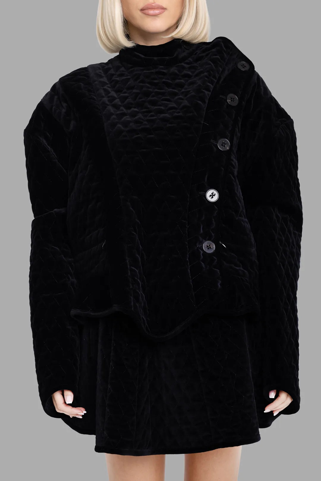 Vivienne Westwood women's black fencing jacket, front view, diamond-quilted cotton velvet and asymmetric button closure.