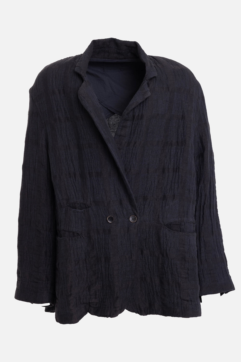 Marc Point men's black jacket, front view, crinkled texture, soft lapels and double-breasted buttons