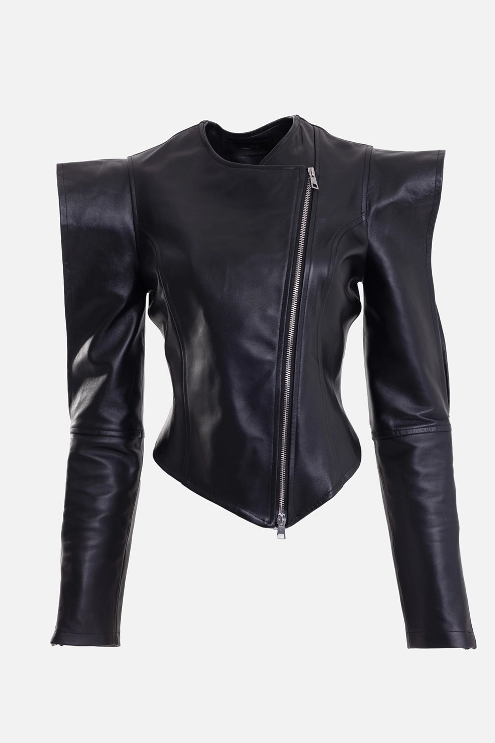 La Haine Inside Us women's jacket in black, front view, asymmetric silver zip and sculpted shoulders